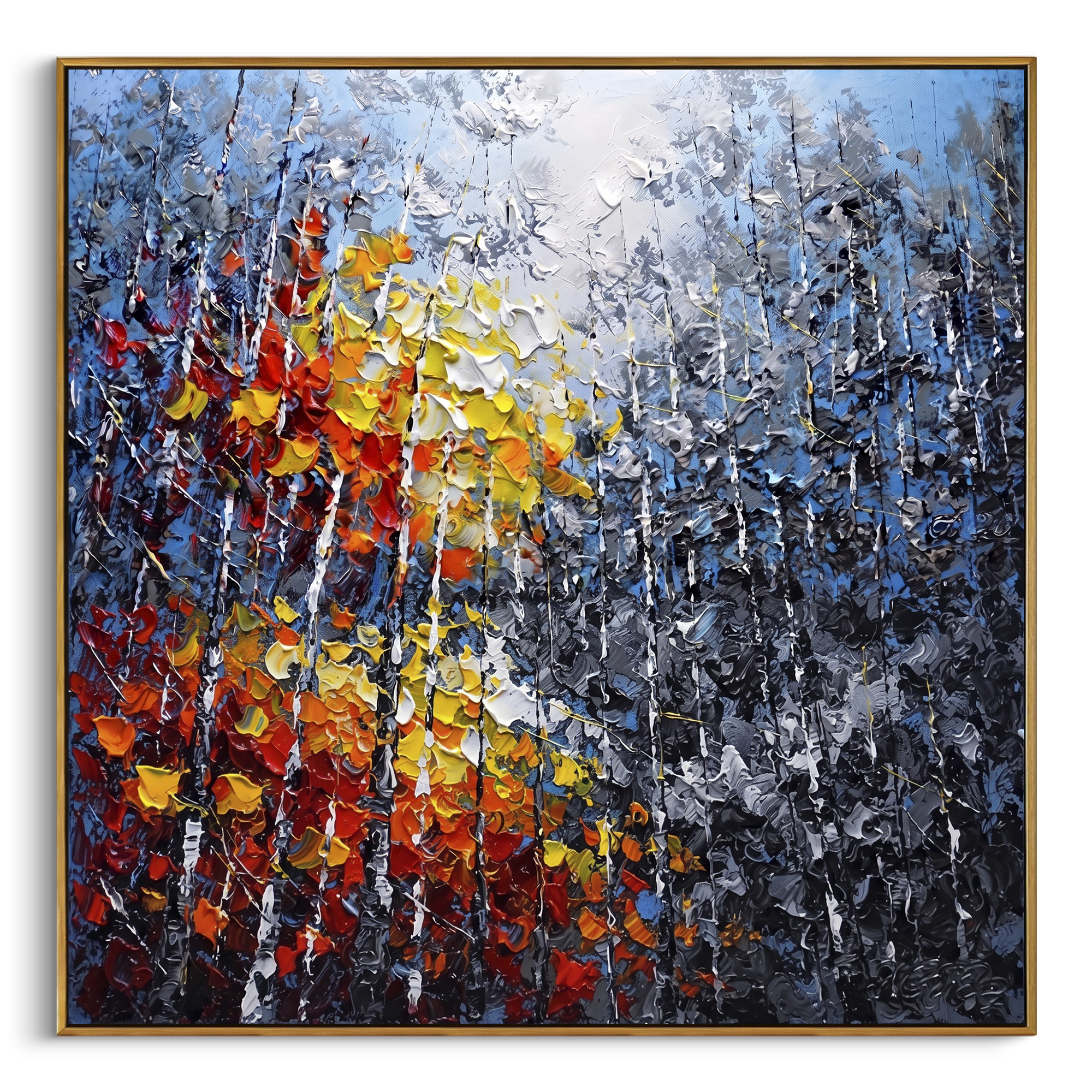 "Blue Grey Autumn Birch Painting" focuses on atmosphere, surface movement, and sculptural heavy impasto craftsmanship rather than a fixed literal storyline. The composition uses this hand-painted square canvas presents layered blue grey woodland, slender white birches, and a close foreground burst of red, orange, yellow, and white leaves in thick impasto texture as the visual anchor, while layered palette-knife paint, raised plaster-like texture, and softened brush movement create tactile depth