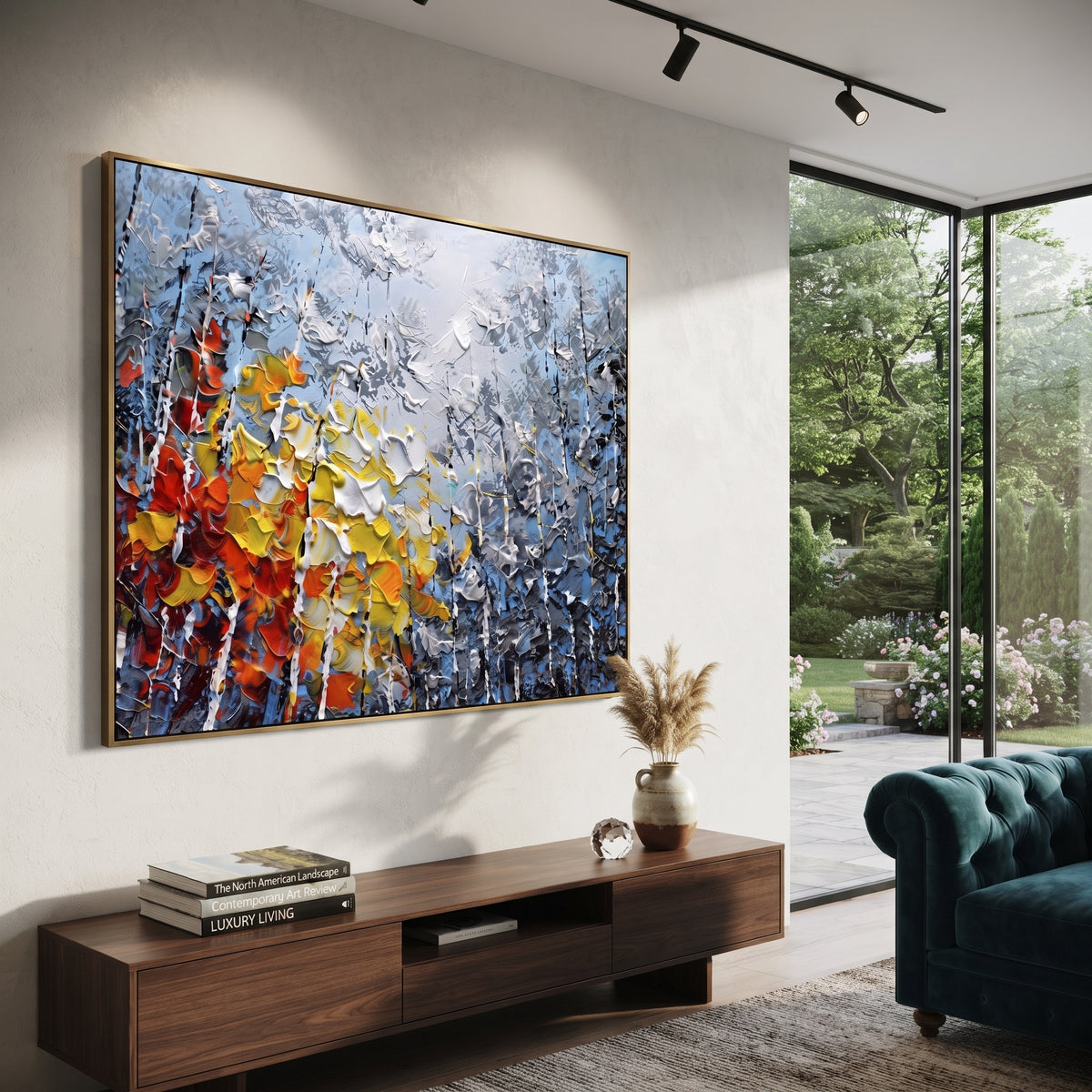 "Mountain Cove Birch Painting" focuses on atmosphere, surface movement, and sculptural heavy impasto craftsmanship rather than a fixed literal storyline. The composition uses this hand-painted horizontal canvas looks past grey birches and dark rocky slopes to a quiet blue cove, with red, orange, and yellow leaves clustered in the foreground as the visual anchor, while layered palette-knife paint, raised plaster-like texture, and softened brush movement create tactile depth across the canvas.