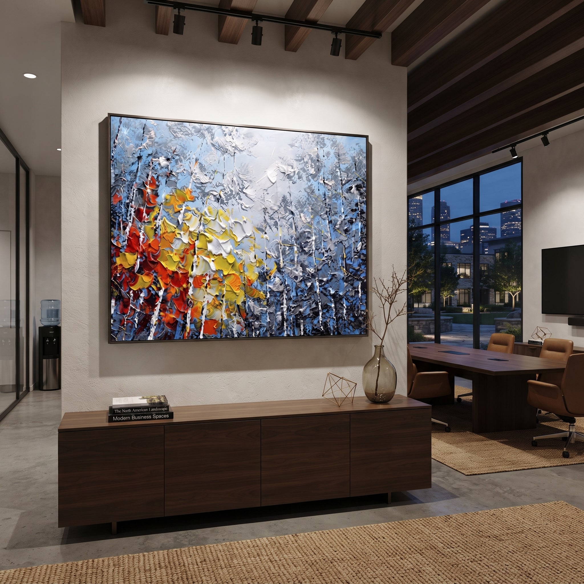 "Mountain Cove Birch Painting" focuses on atmosphere, surface movement, and sculptural heavy impasto craftsmanship rather than a fixed literal storyline. The composition uses this hand-painted horizontal canvas looks past grey birches and dark rocky slopes to a quiet blue cove, with red, orange, and yellow leaves clustered in the foreground as the visual anchor, while layered palette-knife paint, raised plaster-like texture, and softened brush movement create tactile depth across the canvas.