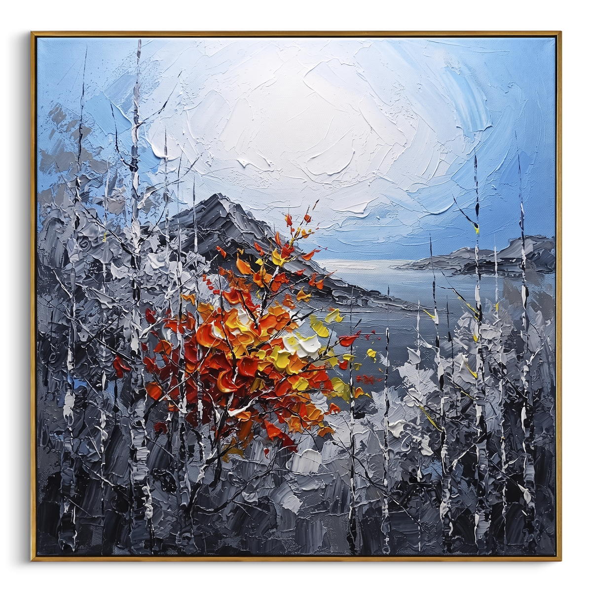 "Silver Birch Autumn Branch Painting" focuses on atmosphere, surface movement, and sculptural heavy impasto craftsmanship rather than a fixed literal storyline. The composition uses this hand-painted square canvas features cool grey birch trunks around a pale blue white sky, with one red orange yellow branch rising through the center in raised palette-knife texture as the visual anchor, while layered palette-knife paint, raised plaster-like texture, and softened brush movement create tactile