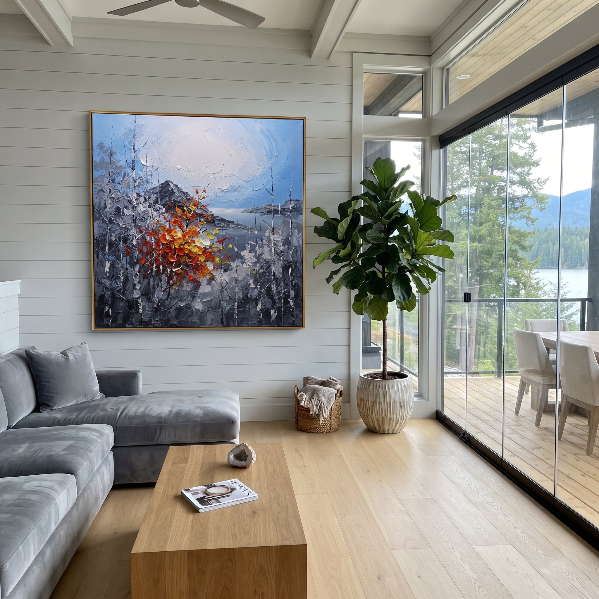 "Silver Birch Autumn Branch Painting" focuses on atmosphere, surface movement, and sculptural heavy impasto craftsmanship rather than a fixed literal storyline. The composition uses this hand-painted square canvas features cool grey birch trunks around a pale blue white sky, with one red orange yellow branch rising through the center in raised palette-knife texture as the visual anchor, while layered palette-knife paint, raised plaster-like texture, and softened brush movement create tactile