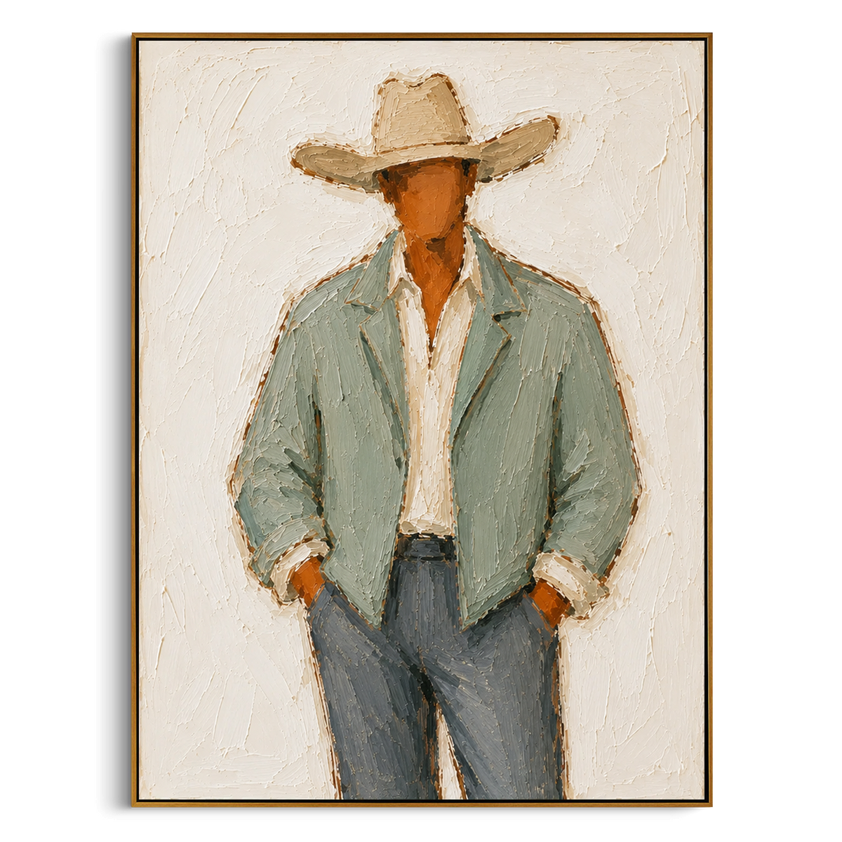 "Sage Jacket Full Body Cowboy Painting" focuses on atmosphere, surface movement, and sculptural heavy impasto craftsmanship rather than a fixed literal storyline. The composition uses this hand-painted vertical canvas shows a faceless western cowboy in a wide beige hat, pale sage jacket, open cream shirt, and blue grey trousers as the visual anchor, while layered palette-knife paint, raised plaster-like texture, and softened brush movement create tactile depth across the canvas. Curated with a