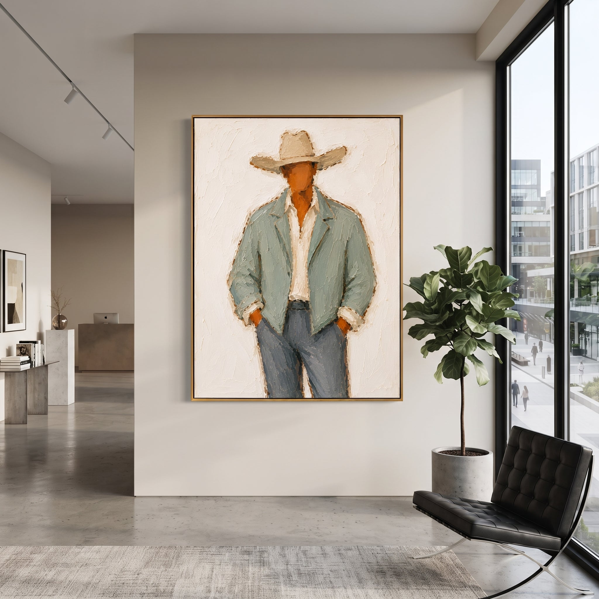 "Sage Jacket Full Body Cowboy Painting" focuses on atmosphere, surface movement, and sculptural heavy impasto craftsmanship rather than a fixed literal storyline. The composition uses this hand-painted vertical canvas shows a faceless western cowboy in a wide beige hat, pale sage jacket, open cream shirt, and blue grey trousers as the visual anchor, while layered palette-knife paint, raised plaster-like texture, and softened brush movement create tactile depth across the canvas. Curated with a