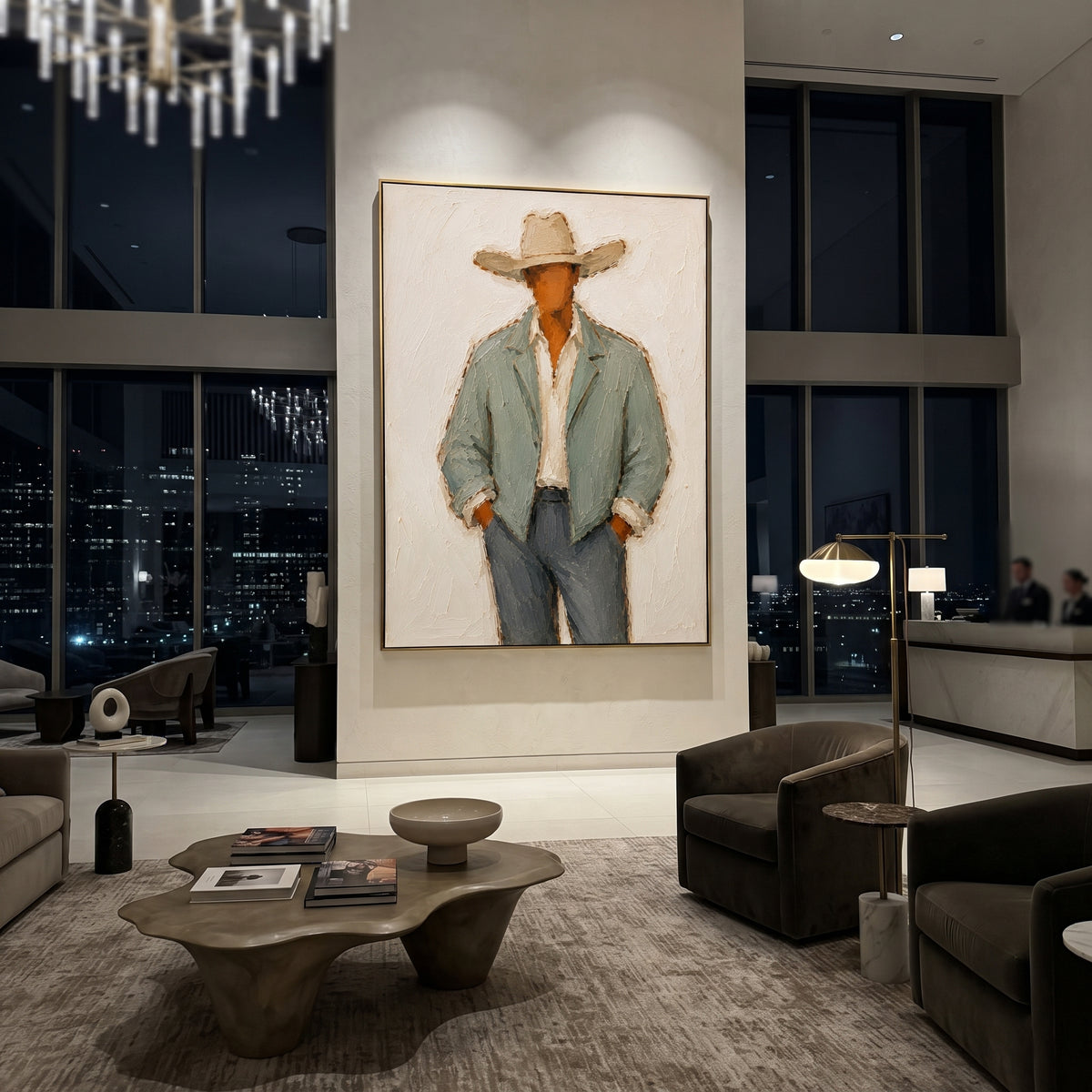 "Sage Jacket Full Body Cowboy Painting" focuses on atmosphere, surface movement, and sculptural heavy impasto craftsmanship rather than a fixed literal storyline. The composition uses this hand-painted vertical canvas shows a faceless western cowboy in a wide beige hat, pale sage jacket, open cream shirt, and blue grey trousers as the visual anchor, while layered palette-knife paint, raised plaster-like texture, and softened brush movement create tactile depth across the canvas. Curated with a