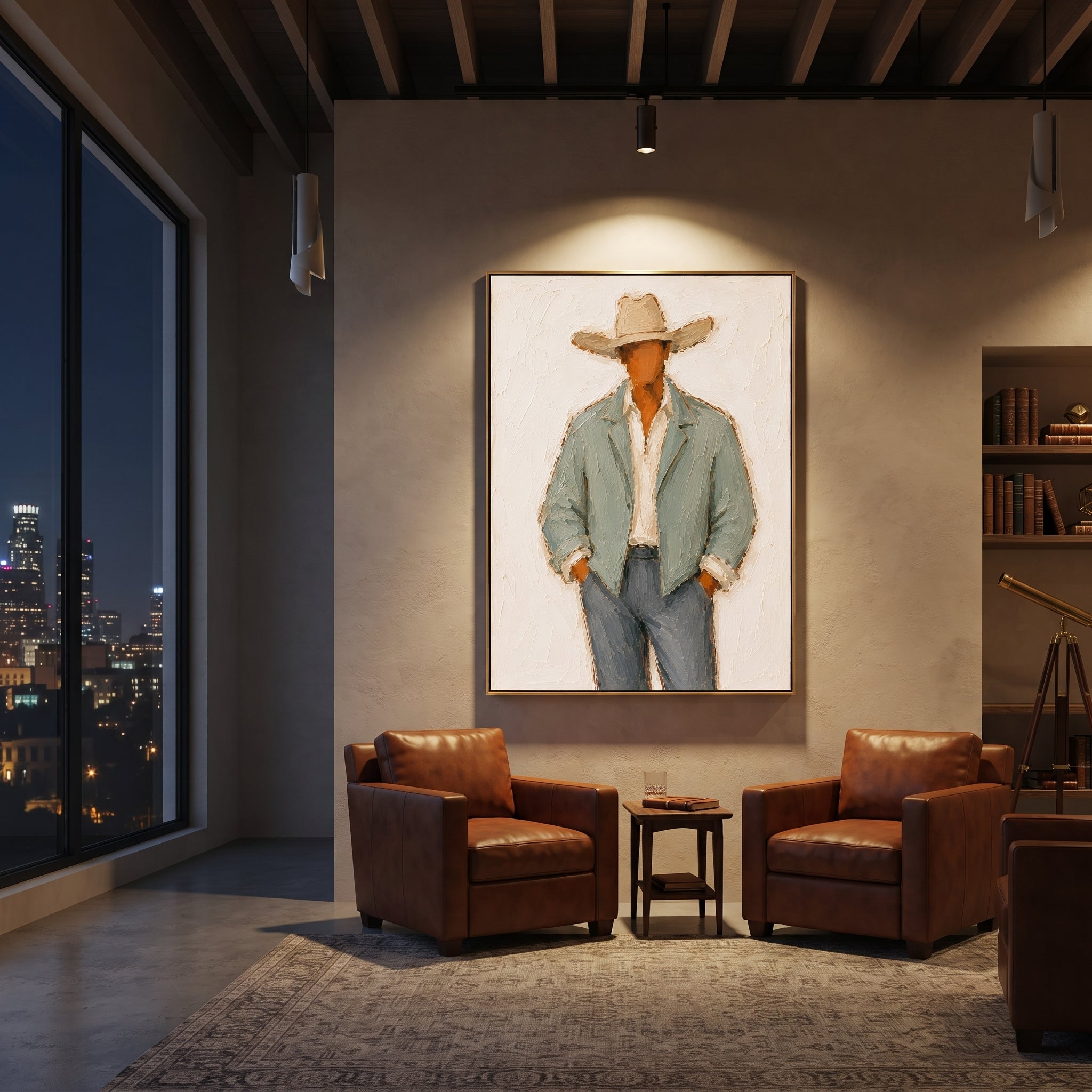 "Sage Jacket Full Body Cowboy Painting" focuses on atmosphere, surface movement, and sculptural heavy impasto craftsmanship rather than a fixed literal storyline. The composition uses this hand-painted vertical canvas shows a faceless western cowboy in a wide beige hat, pale sage jacket, open cream shirt, and blue grey trousers as the visual anchor, while layered palette-knife paint, raised plaster-like texture, and softened brush movement create tactile depth across the canvas. Curated with a