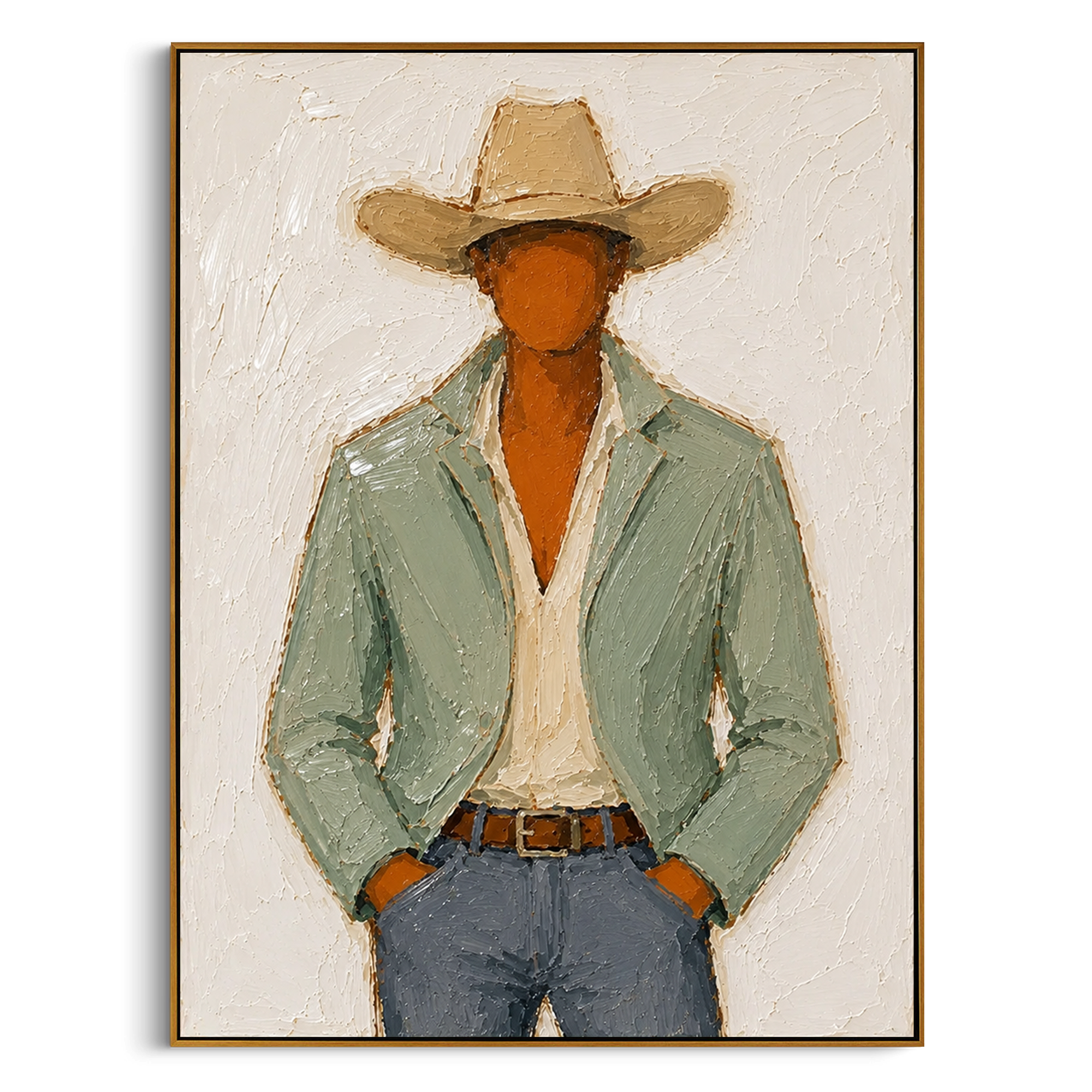 "Front Facing Sage Cowboy Painting" focuses on atmosphere, surface movement, and sculptural heavy impasto craftsmanship rather than a fixed literal storyline. The composition uses this hand-painted vertical canvas presents a front-facing cowboy cropped at the hips, wearing a broad tan hat, pale green jacket, cream shirt, brown belt, and blue grey denim as the visual anchor, while layered palette-knife paint, raised plaster-like texture, and softened brush movement create tactile depth across the