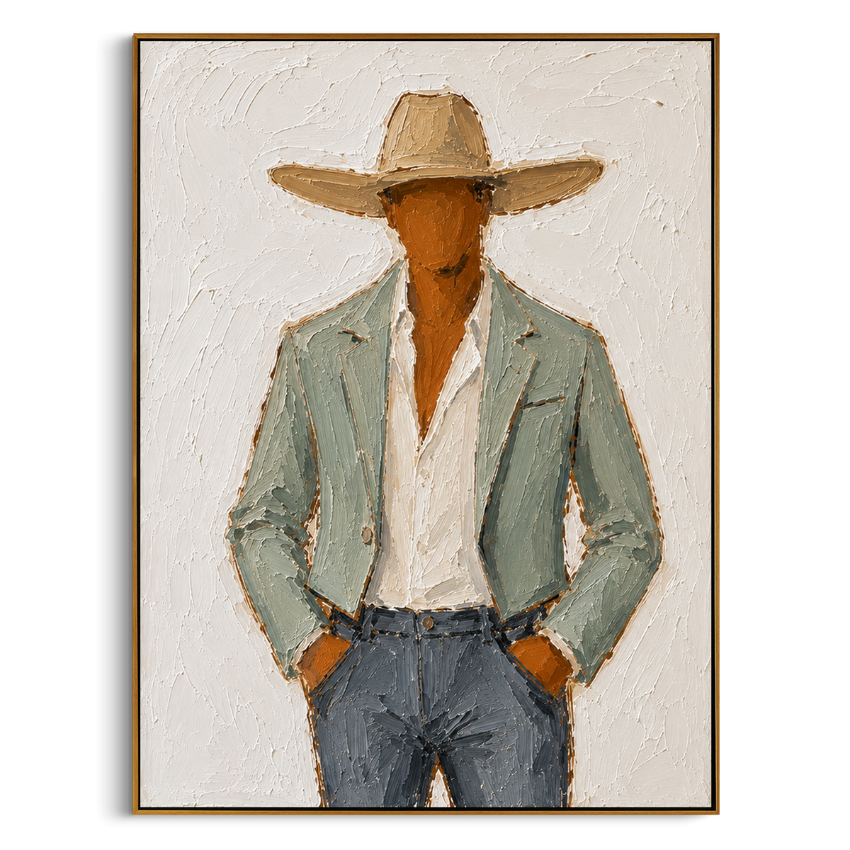 "Close Cowboy Jacket Portrait Painting" focuses on atmosphere, surface movement, and sculptural heavy impasto craftsmanship rather than a fixed literal storyline. The composition uses this hand-painted vertical canvas features a close cropped western figure in a sand colored hat, pale green jacket, white shirt, and blue grey pants as the visual anchor, while layered palette-knife paint, raised plaster-like texture, and softened brush movement create tactile depth across the canvas. Curated with