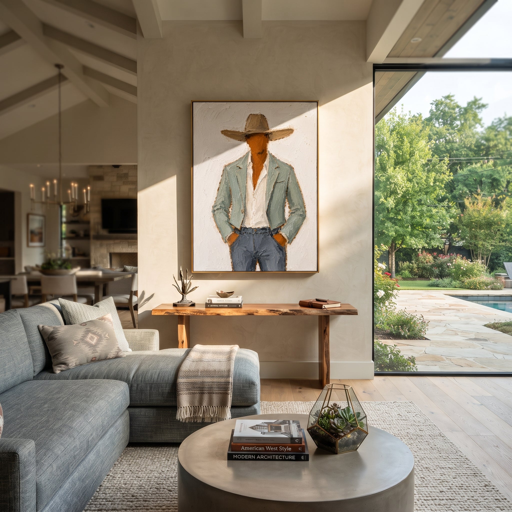 "Close Cowboy Jacket Portrait Painting" focuses on atmosphere, surface movement, and sculptural heavy impasto craftsmanship rather than a fixed literal storyline. The composition uses this hand-painted vertical canvas features a close cropped western figure in a sand colored hat, pale green jacket, white shirt, and blue grey pants as the visual anchor, while layered palette-knife paint, raised plaster-like texture, and softened brush movement create tactile depth across the canvas. Curated with