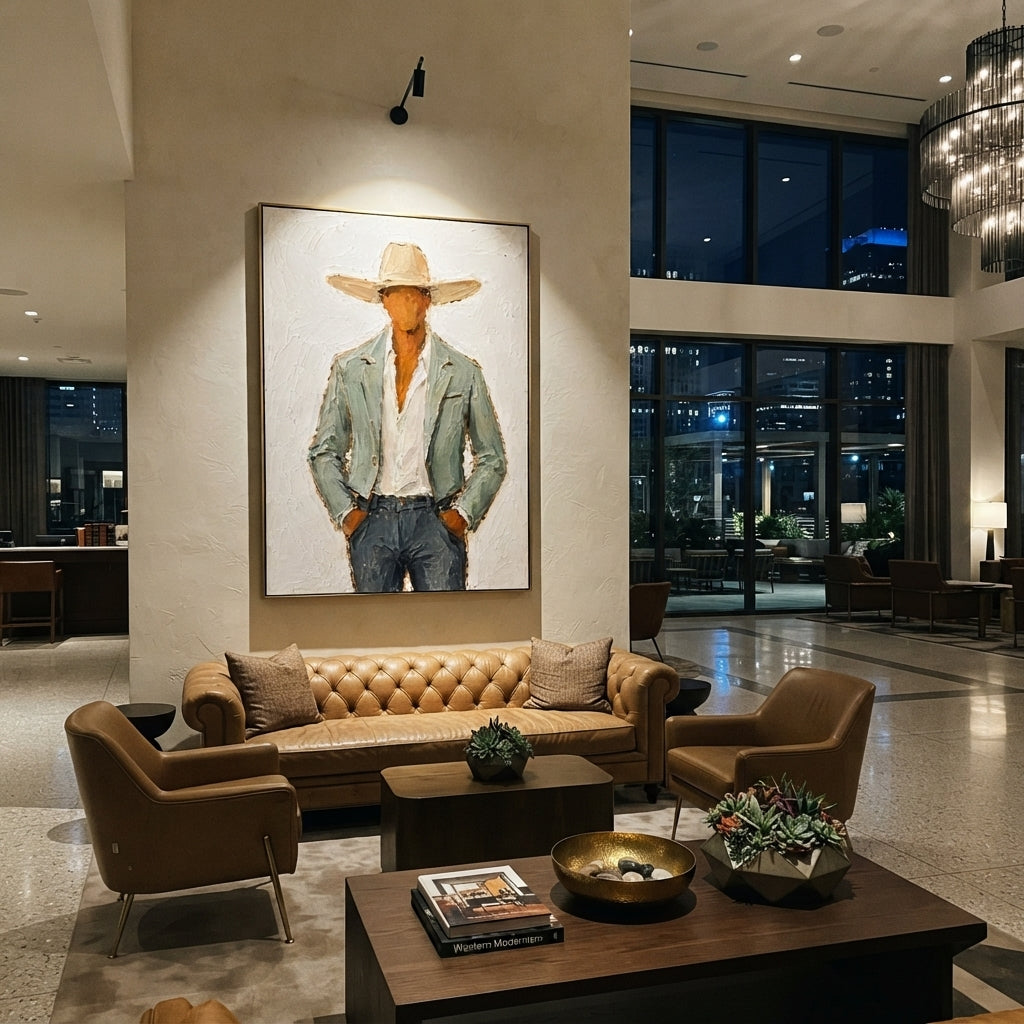 "Close Cowboy Jacket Portrait Painting" focuses on atmosphere, surface movement, and sculptural heavy impasto craftsmanship rather than a fixed literal storyline. The composition uses this hand-painted vertical canvas features a close cropped western figure in a sand colored hat, pale green jacket, white shirt, and blue grey pants as the visual anchor, while layered palette-knife paint, raised plaster-like texture, and softened brush movement create tactile depth across the canvas. Curated with