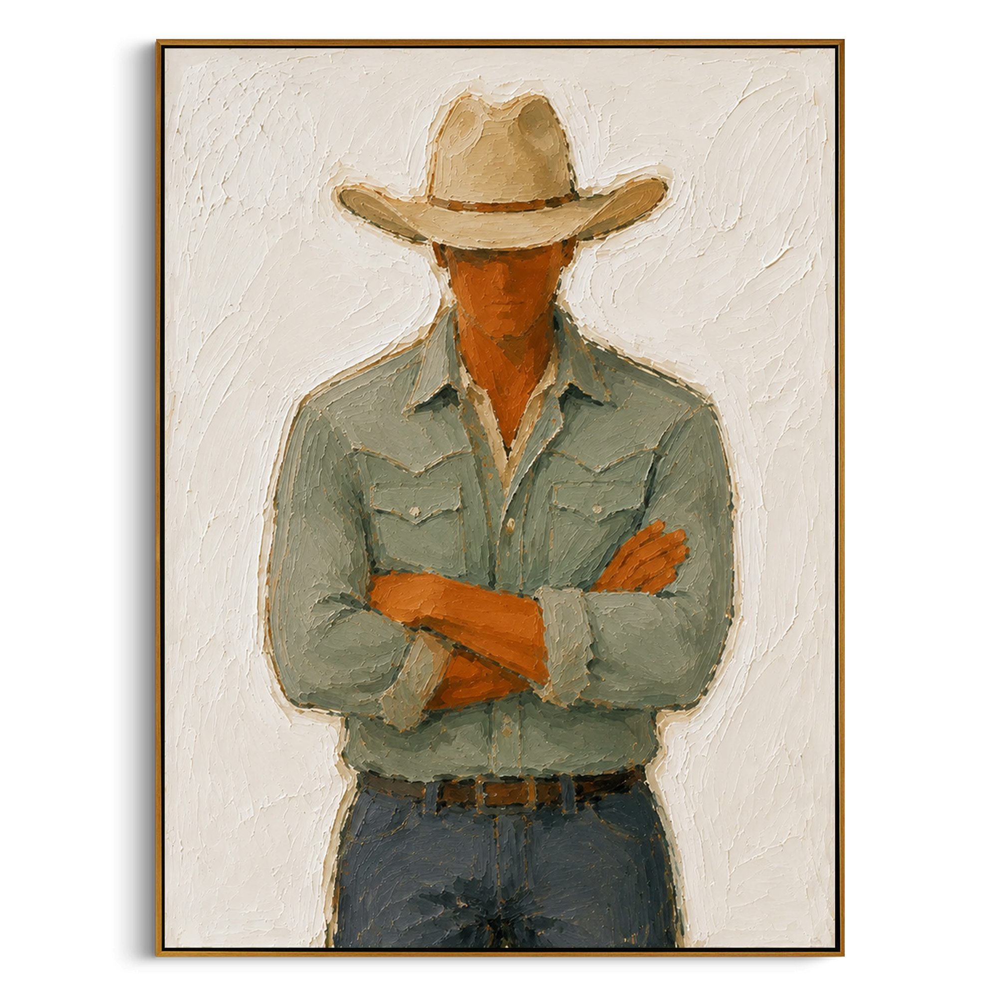 "Crossed Arms Cowboy Portrait Painting" focuses on atmosphere, surface movement, and sculptural heavy impasto craftsmanship rather than a fixed literal storyline. The composition uses this hand-painted vertical canvas shows a cowboy standing with crossed arms beneath a beige hat, dressed in a pale green western shirt and blue grey jeans as the visual anchor, while layered palette-knife paint, raised plaster-like texture, and softened brush movement create tactile depth across the canvas. Curated
