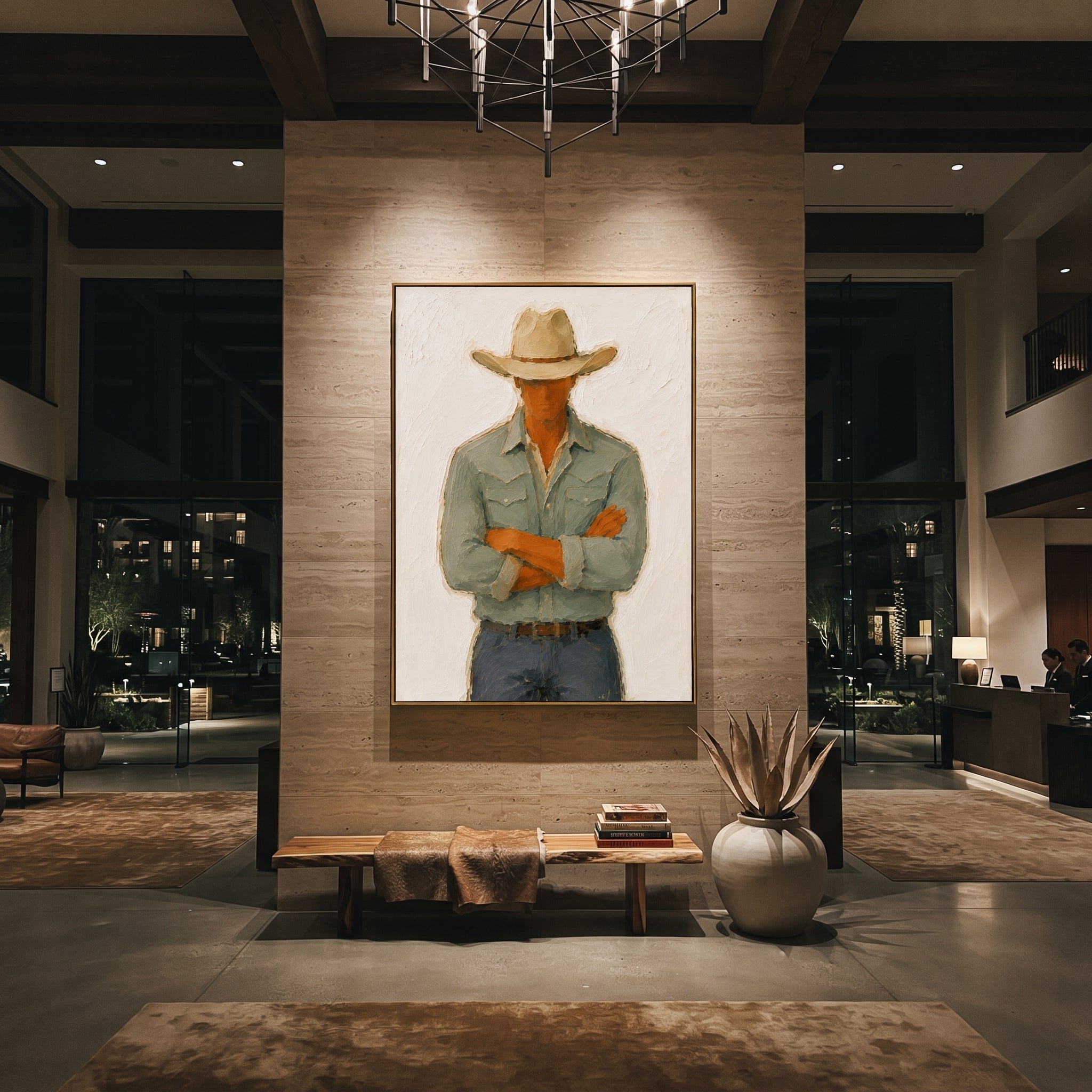 "Crossed Arms Cowboy Portrait Painting" focuses on atmosphere, surface movement, and sculptural heavy impasto craftsmanship rather than a fixed literal storyline. The composition uses this hand-painted vertical canvas shows a cowboy standing with crossed arms beneath a beige hat, dressed in a pale green western shirt and blue grey jeans as the visual anchor, while layered palette-knife paint, raised plaster-like texture, and softened brush movement create tactile depth across the canvas. Curated