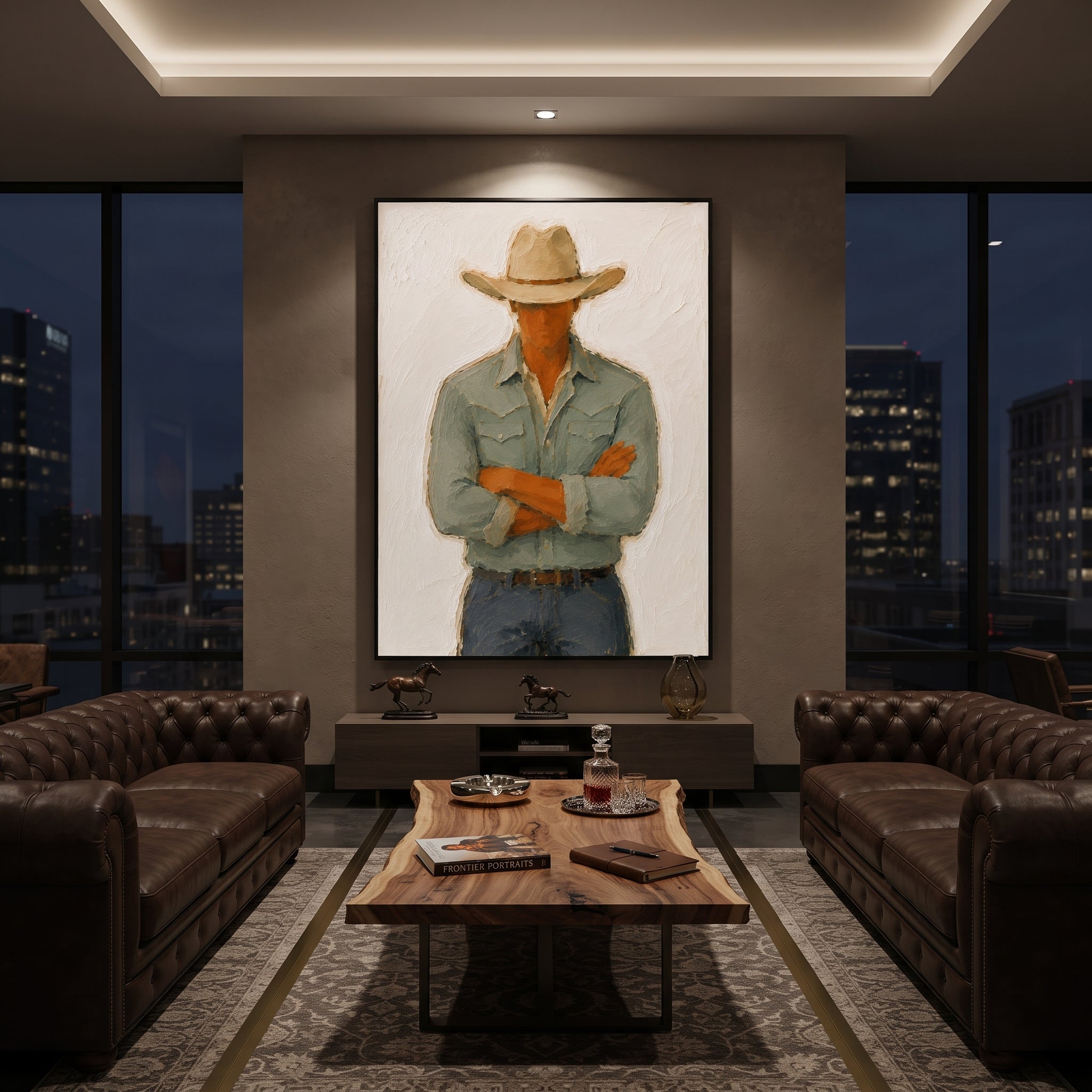 "Crossed Arms Cowboy Portrait Painting" focuses on atmosphere, surface movement, and sculptural heavy impasto craftsmanship rather than a fixed literal storyline. The composition uses this hand-painted vertical canvas shows a cowboy standing with crossed arms beneath a beige hat, dressed in a pale green western shirt and blue grey jeans as the visual anchor, while layered palette-knife paint, raised plaster-like texture, and softened brush movement create tactile depth across the canvas. Curated
