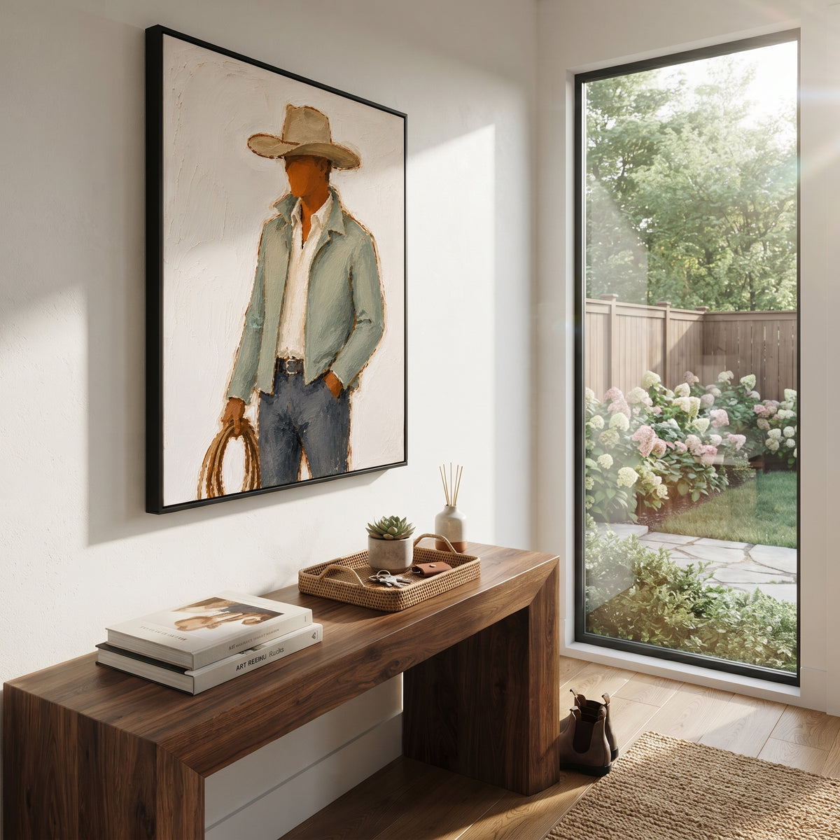 "Lasso Hand Cowboy Painting" focuses on atmosphere, surface movement, and sculptural heavy impasto craftsmanship rather than a fixed literal storyline. The composition uses this hand-painted vertical canvas depicts a side-turned cowboy holding a brown lasso, wearing a wide tan hat, pale green jacket, white shirt, and blue grey jeans as the visual anchor, while layered palette-knife paint, raised plaster-like texture, and softened brush movement create tactile depth across the canvas. Curated