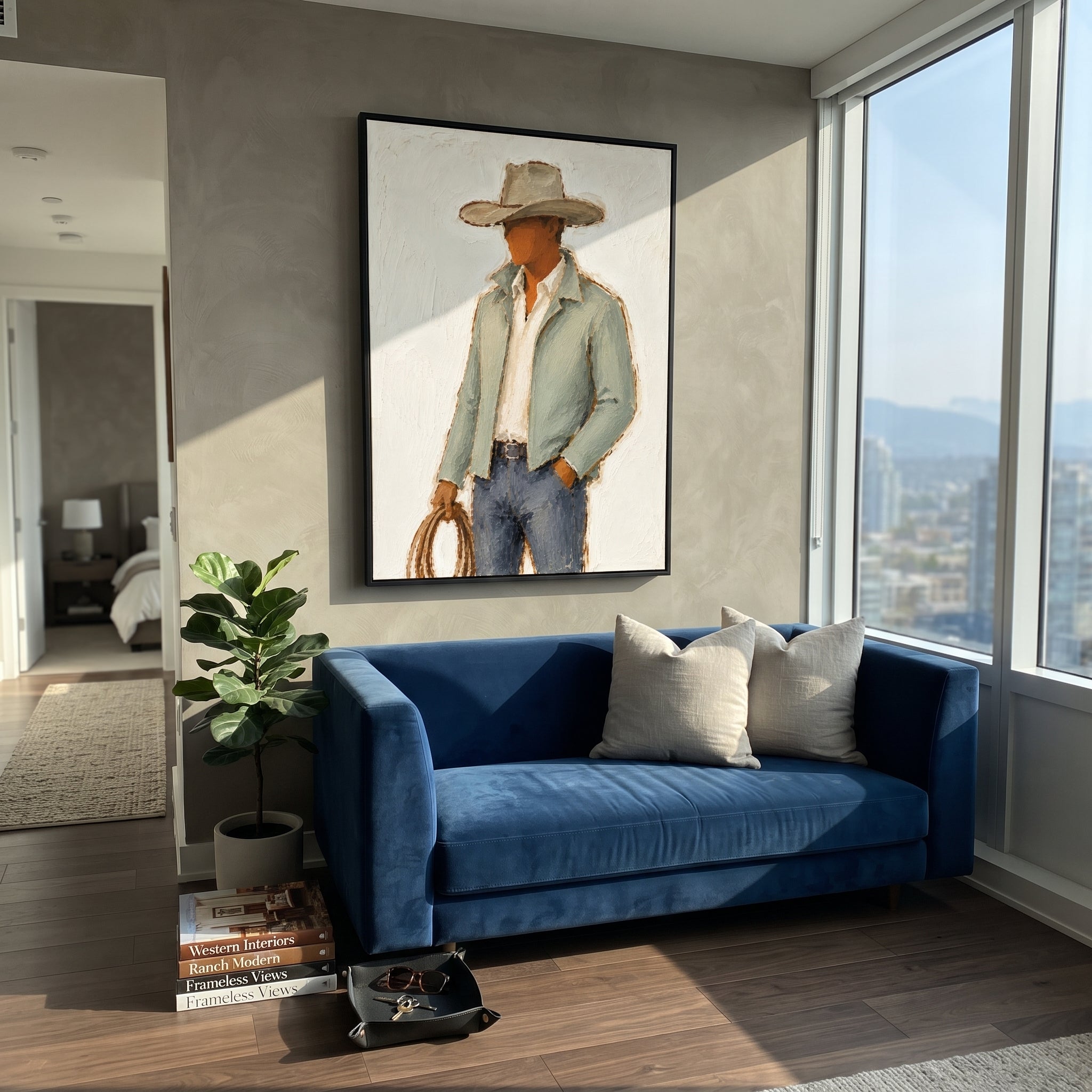 "Lasso Hand Cowboy Painting" focuses on atmosphere, surface movement, and sculptural heavy impasto craftsmanship rather than a fixed literal storyline. The composition uses this hand-painted vertical canvas depicts a side-turned cowboy holding a brown lasso, wearing a wide tan hat, pale green jacket, white shirt, and blue grey jeans as the visual anchor, while layered palette-knife paint, raised plaster-like texture, and softened brush movement create tactile depth across the canvas. Curated