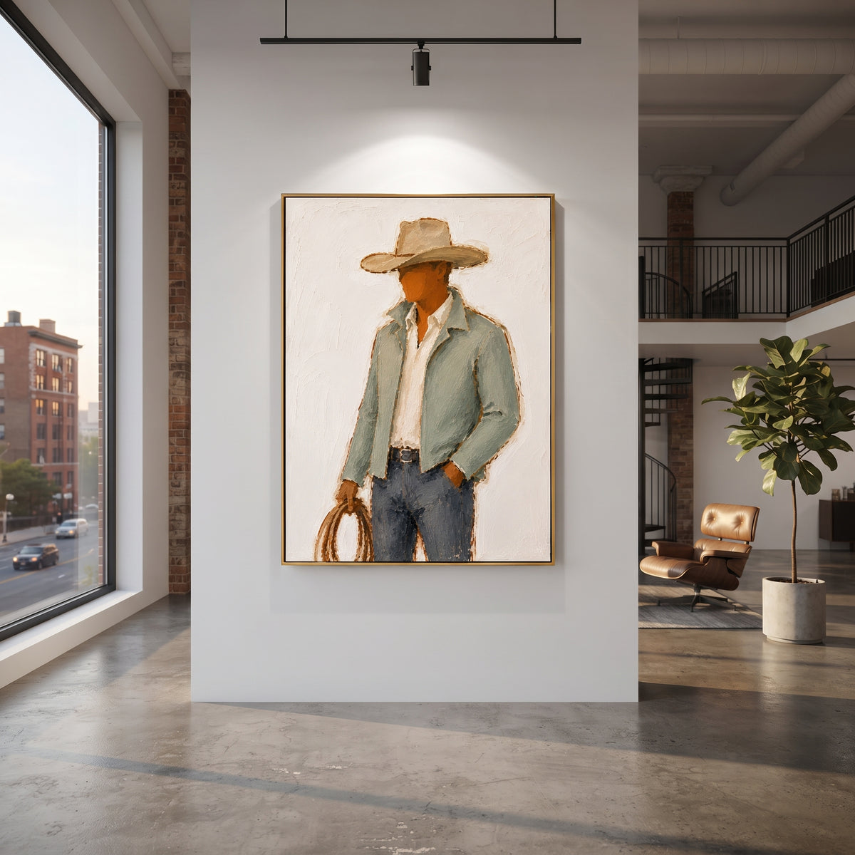"Lasso Hand Cowboy Painting" focuses on atmosphere, surface movement, and sculptural heavy impasto craftsmanship rather than a fixed literal storyline. The composition uses this hand-painted vertical canvas depicts a side-turned cowboy holding a brown lasso, wearing a wide tan hat, pale green jacket, white shirt, and blue grey jeans as the visual anchor, while layered palette-knife paint, raised plaster-like texture, and softened brush movement create tactile depth across the canvas. Curated