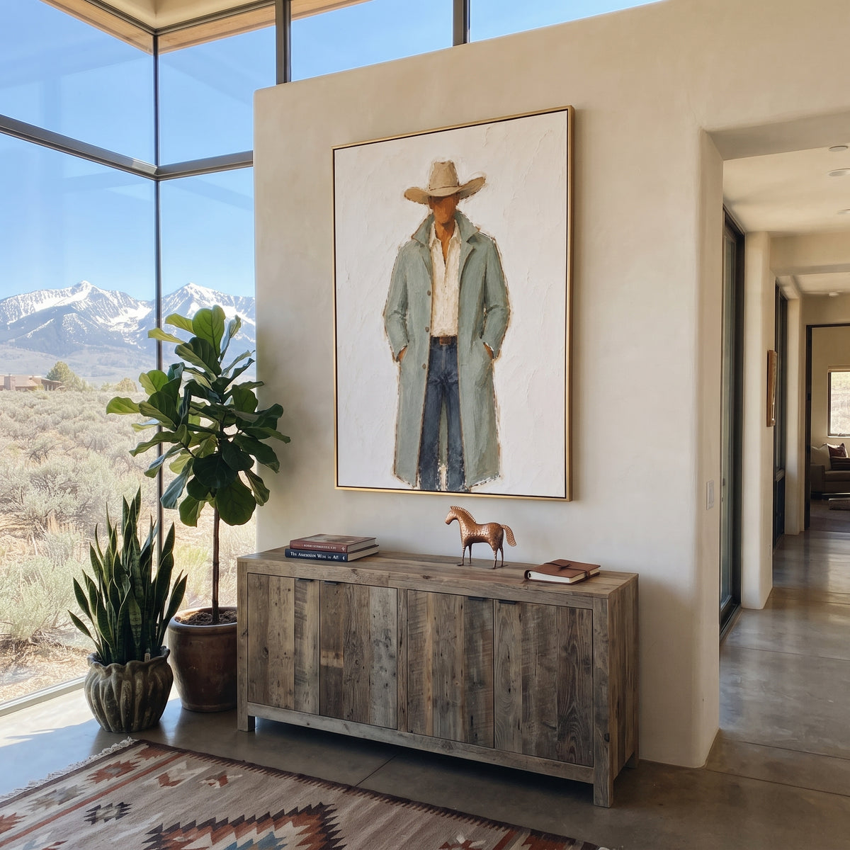 "Long Sage Coat Cowboy Painting" focuses on atmosphere, surface movement, and sculptural heavy impasto craftsmanship rather than a fixed literal storyline. The composition uses this hand-painted vertical canvas shows a cowboy in a long pale sage coat, cream open shirt, blue grey trousers, and broad tan hat as the visual anchor, while layered palette-knife paint, raised plaster-like texture, and softened brush movement create tactile depth across the canvas. Curated with a balanced green, beige