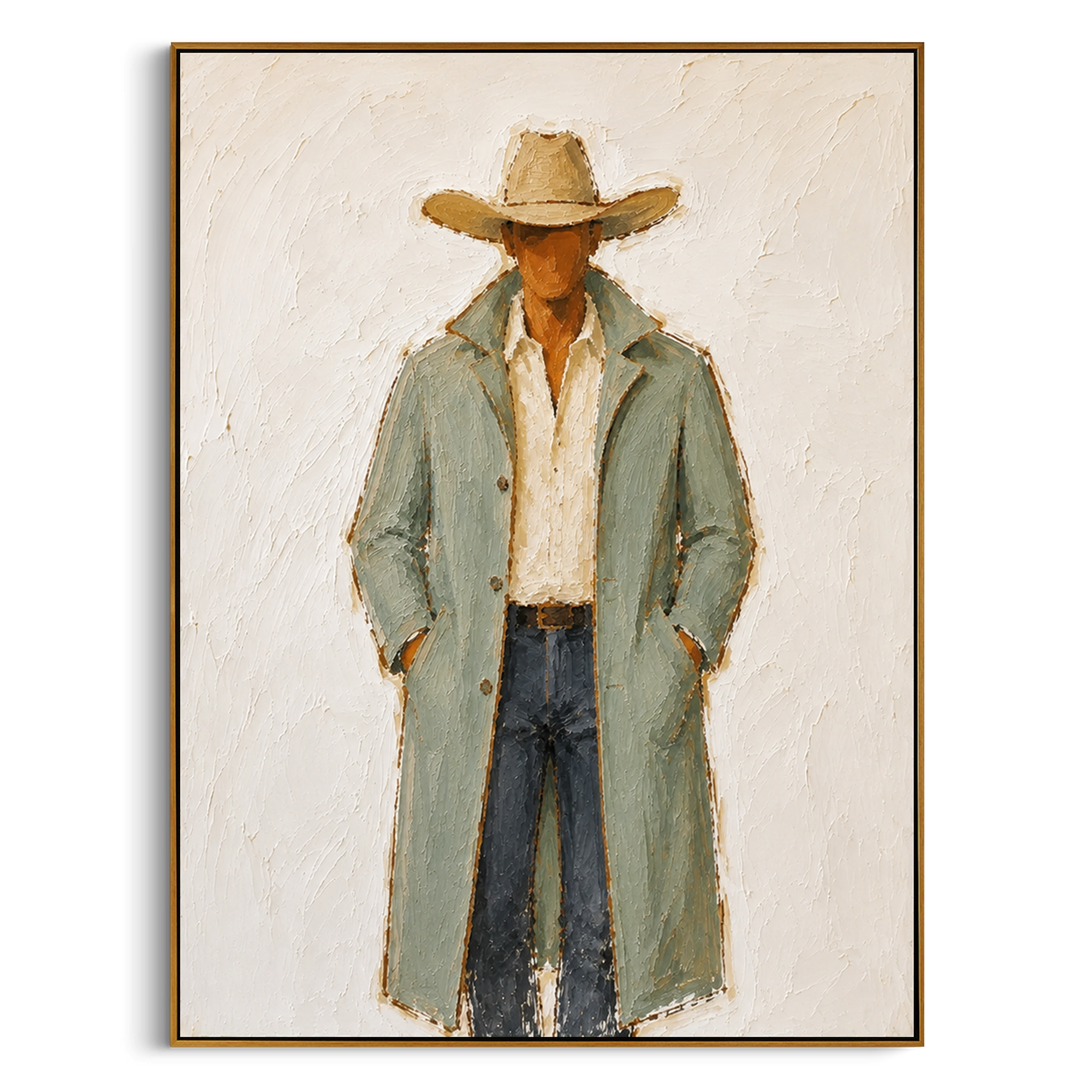 "Long Sage Coat Cowboy Painting" focuses on atmosphere, surface movement, and sculptural heavy impasto craftsmanship rather than a fixed literal storyline. The composition uses this hand-painted vertical canvas shows a cowboy in a long pale sage coat, cream open shirt, blue grey trousers, and broad tan hat as the visual anchor, while layered palette-knife paint, raised plaster-like texture, and softened brush movement create tactile depth across the canvas. Curated with a balanced green, beige