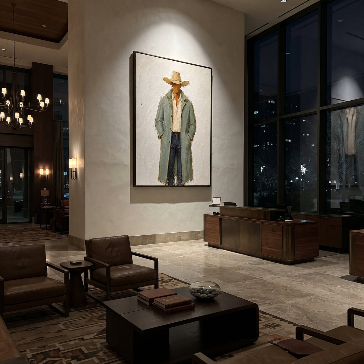 "Long Sage Coat Cowboy Painting" focuses on atmosphere, surface movement, and sculptural heavy impasto craftsmanship rather than a fixed literal storyline. The composition uses this hand-painted vertical canvas shows a cowboy in a long pale sage coat, cream open shirt, blue grey trousers, and broad tan hat as the visual anchor, while layered palette-knife paint, raised plaster-like texture, and softened brush movement create tactile depth across the canvas. Curated with a balanced green, beige