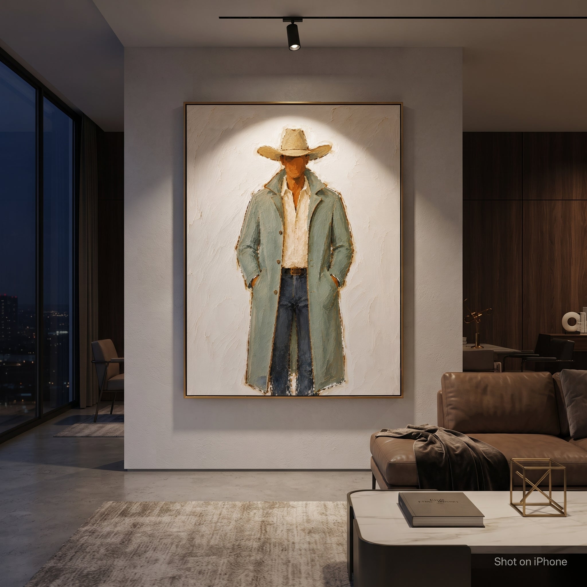 "Long Sage Coat Cowboy Painting" focuses on atmosphere, surface movement, and sculptural heavy impasto craftsmanship rather than a fixed literal storyline. The composition uses this hand-painted vertical canvas shows a cowboy in a long pale sage coat, cream open shirt, blue grey trousers, and broad tan hat as the visual anchor, while layered palette-knife paint, raised plaster-like texture, and softened brush movement create tactile depth across the canvas. Curated with a balanced green, beige