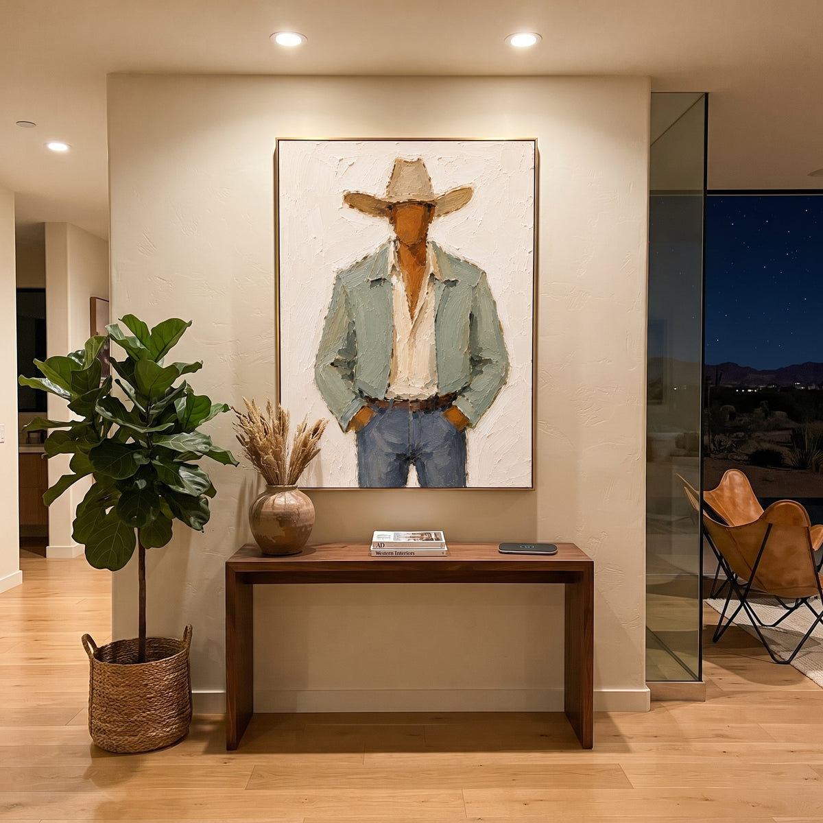 "Hands In Pockets Cowboy Painting" focuses on atmosphere, surface movement, and sculptural heavy impasto craftsmanship rather than a fixed literal storyline. The composition uses this hand-painted vertical canvas features a faceless cowboy with both hands tucked into his pockets, wearing a wide beige hat, pale sage jacket, cream shirt, and blue grey denim as the visual anchor, while layered palette-knife paint, raised plaster-like texture, and softened brush movement create tactile depth across