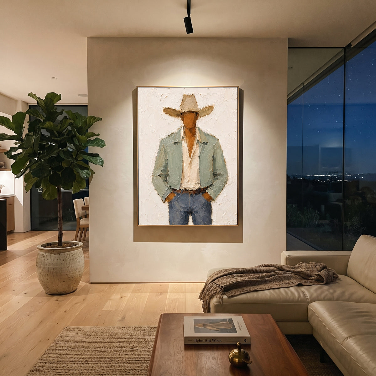 "Hands In Pockets Cowboy Painting" focuses on atmosphere, surface movement, and sculptural heavy impasto craftsmanship rather than a fixed literal storyline. The composition uses this hand-painted vertical canvas features a faceless cowboy with both hands tucked into his pockets, wearing a wide beige hat, pale sage jacket, cream shirt, and blue grey denim as the visual anchor, while layered palette-knife paint, raised plaster-like texture, and softened brush movement create tactile depth across