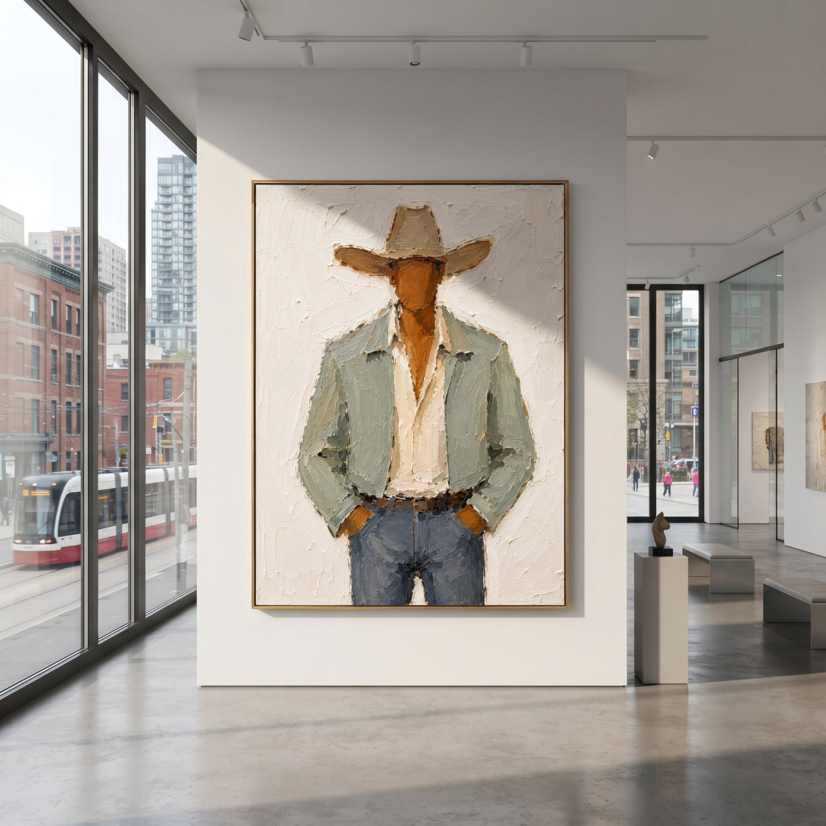 "Hands In Pockets Cowboy Painting" focuses on atmosphere, surface movement, and sculptural heavy impasto craftsmanship rather than a fixed literal storyline. The composition uses this hand-painted vertical canvas features a faceless cowboy with both hands tucked into his pockets, wearing a wide beige hat, pale sage jacket, cream shirt, and blue grey denim as the visual anchor, while layered palette-knife paint, raised plaster-like texture, and softened brush movement create tactile depth across