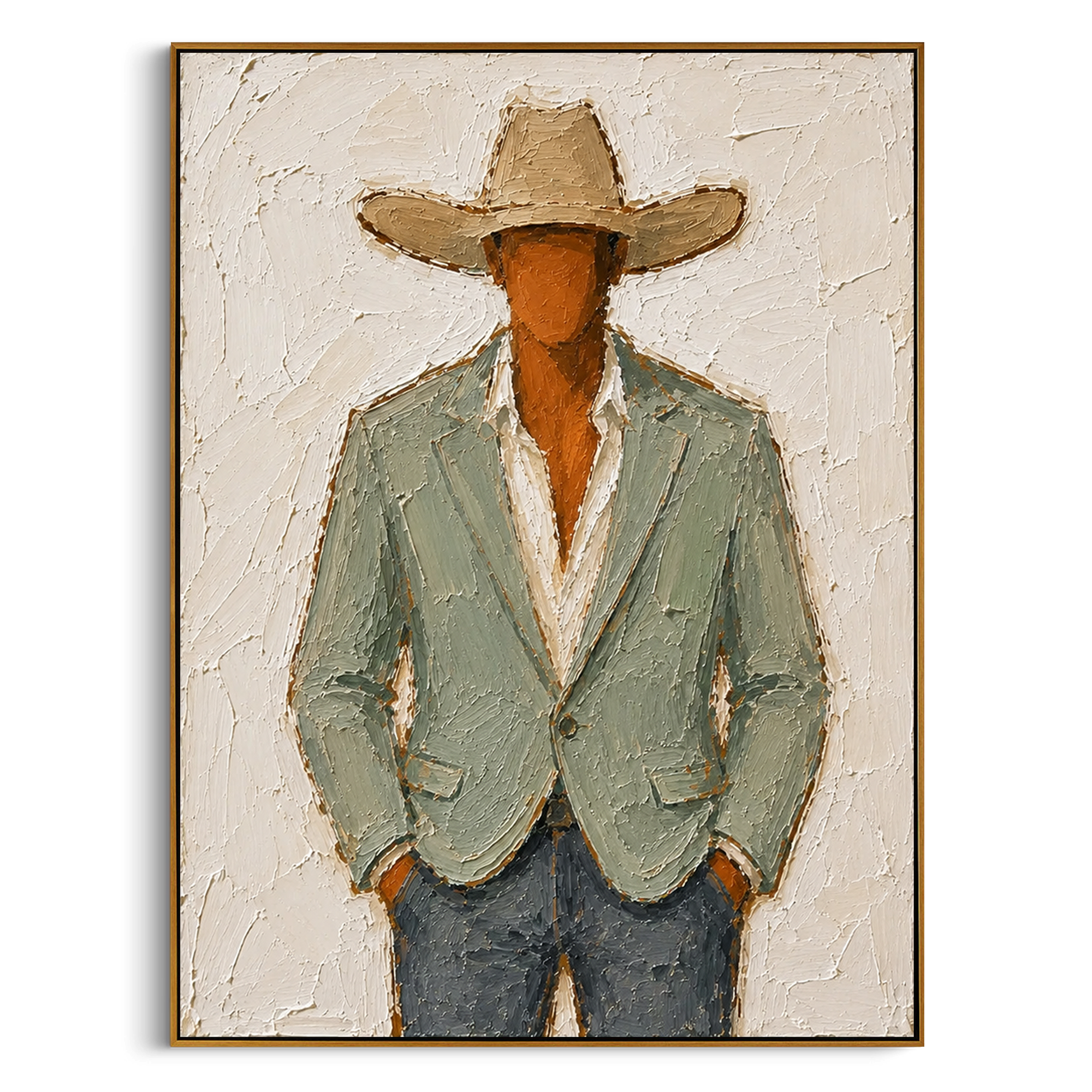 "Buttoned Sage Cowboy Painting" focuses on atmosphere, surface movement, and sculptural heavy impasto craftsmanship rather than a fixed literal storyline. The composition uses this hand-painted vertical canvas presents a centered cowboy in a buttoned pale sage blazer, cream shirt, tan hat, and muted blue trousers as the visual anchor, while layered palette-knife paint, raised plaster-like texture, and softened brush movement create tactile depth across the canvas. Curated with a balanced green