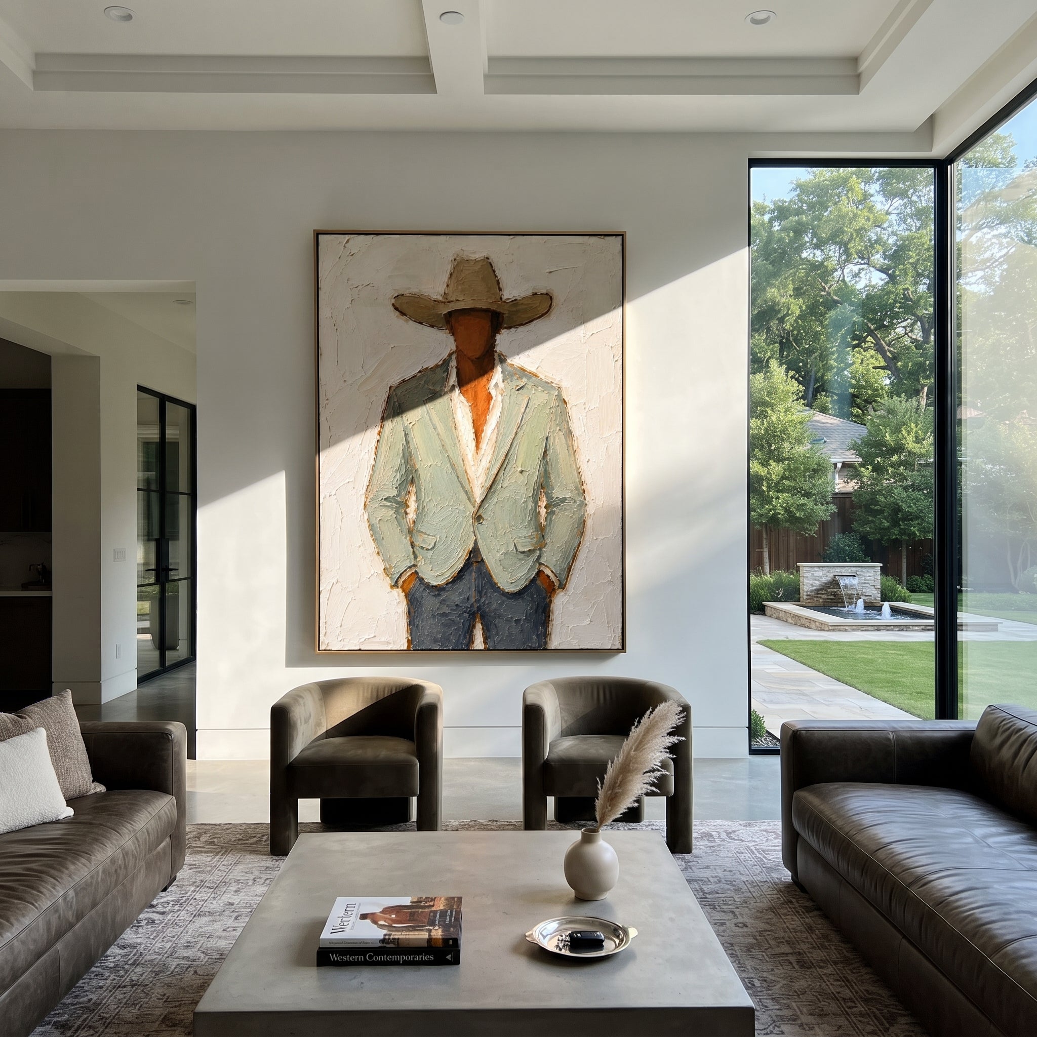 "Buttoned Sage Cowboy Painting" focuses on atmosphere, surface movement, and sculptural heavy impasto craftsmanship rather than a fixed literal storyline. The composition uses this hand-painted vertical canvas presents a centered cowboy in a buttoned pale sage blazer, cream shirt, tan hat, and muted blue trousers as the visual anchor, while layered palette-knife paint, raised plaster-like texture, and softened brush movement create tactile depth across the canvas. Curated with a balanced green