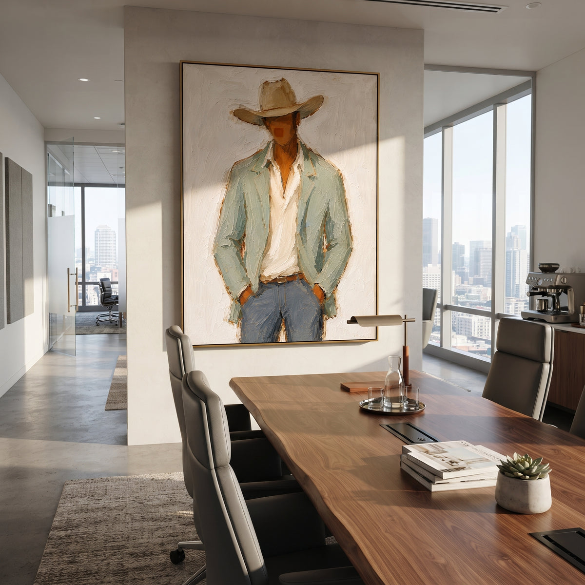 "Open Shirt Cowboy Portrait Painting" focuses on atmosphere, surface movement, and sculptural heavy impasto craftsmanship rather than a fixed literal storyline. The composition uses this hand-painted vertical canvas shows a close western figure in a broad tan hat, open cream shirt, pale sage jacket, and blue grey jeans as the visual anchor, while layered palette-knife paint, raised plaster-like texture, and softened brush movement create tactile depth across the canvas. Curated with a balanced