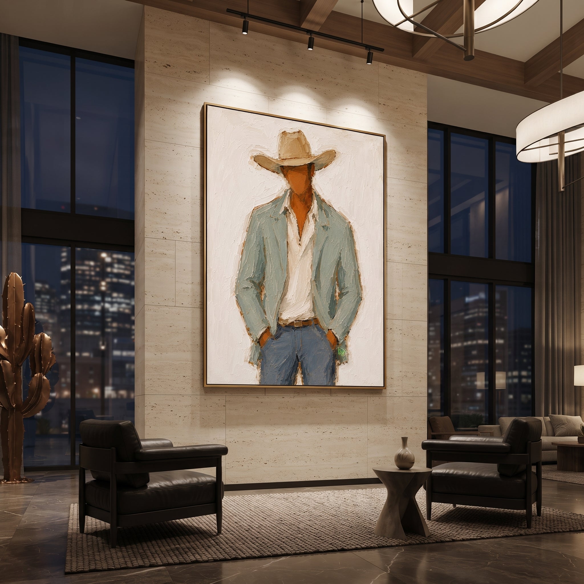 "Open Shirt Cowboy Portrait Painting" focuses on atmosphere, surface movement, and sculptural heavy impasto craftsmanship rather than a fixed literal storyline. The composition uses this hand-painted vertical canvas shows a close western figure in a broad tan hat, open cream shirt, pale sage jacket, and blue grey jeans as the visual anchor, while layered palette-knife paint, raised plaster-like texture, and softened brush movement create tactile depth across the canvas. Curated with a balanced