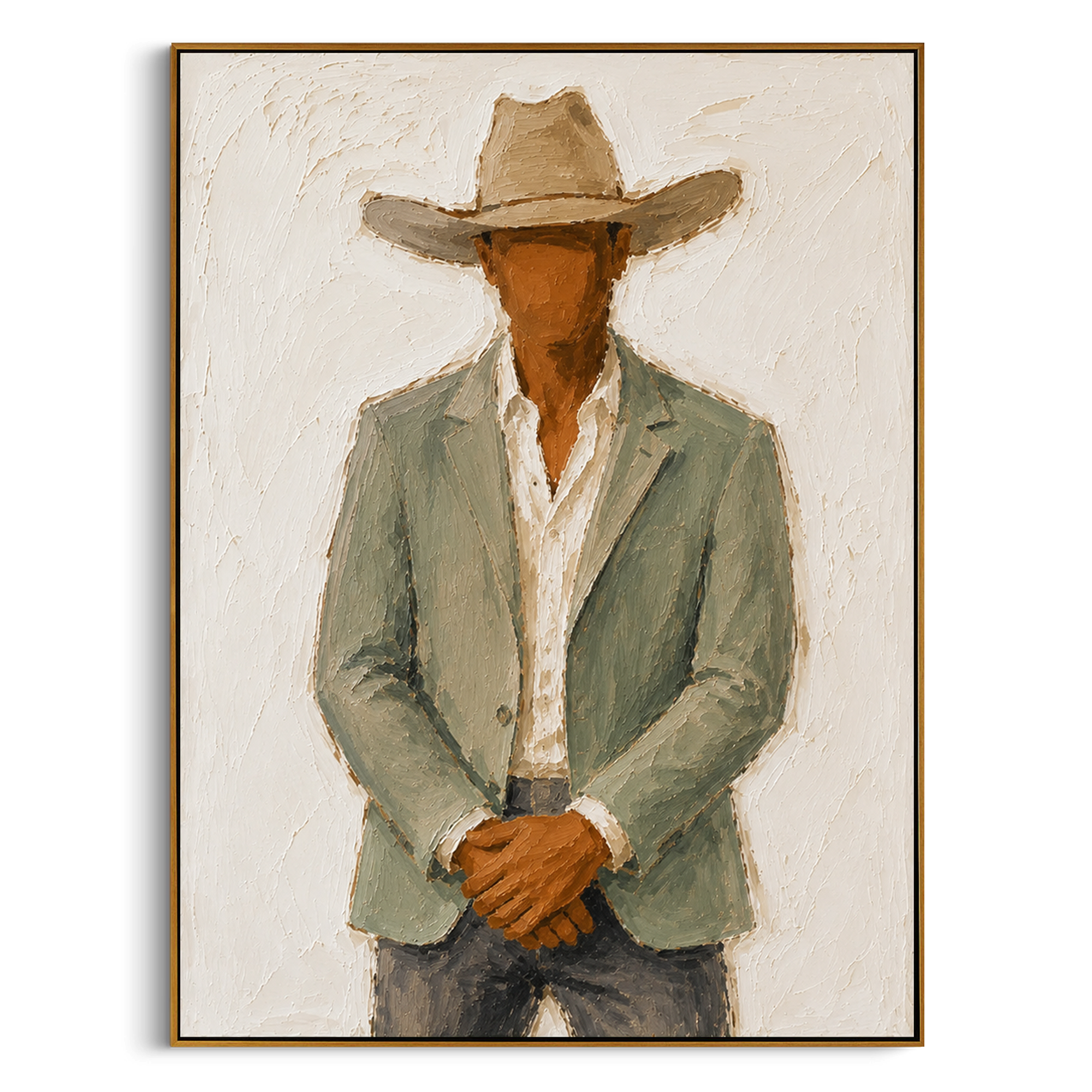 "Clasped Hands Cowboy Painting" focuses on atmosphere, surface movement, and sculptural heavy impasto craftsmanship rather than a fixed literal storyline. The composition uses this hand-painted vertical canvas depicts a cowboy standing with clasped hands, a soft tan hat, pale green jacket, white shirt, and dark grey trousers as the visual anchor, while layered palette-knife paint, raised plaster-like texture, and softened brush movement create tactile depth across the canvas. Curated with a