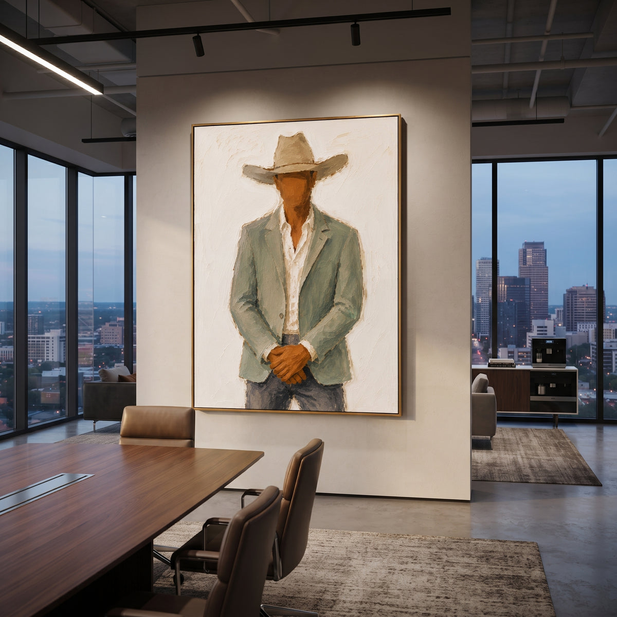 "Clasped Hands Cowboy Painting" focuses on atmosphere, surface movement, and sculptural heavy impasto craftsmanship rather than a fixed literal storyline. The composition uses this hand-painted vertical canvas depicts a cowboy standing with clasped hands, a soft tan hat, pale green jacket, white shirt, and dark grey trousers as the visual anchor, while layered palette-knife paint, raised plaster-like texture, and softened brush movement create tactile depth across the canvas. Curated with a