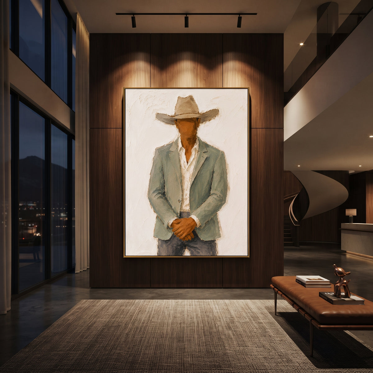 "Clasped Hands Cowboy Painting" focuses on atmosphere, surface movement, and sculptural heavy impasto craftsmanship rather than a fixed literal storyline. The composition uses this hand-painted vertical canvas depicts a cowboy standing with clasped hands, a soft tan hat, pale green jacket, white shirt, and dark grey trousers as the visual anchor, while layered palette-knife paint, raised plaster-like texture, and softened brush movement create tactile depth across the canvas. Curated with a