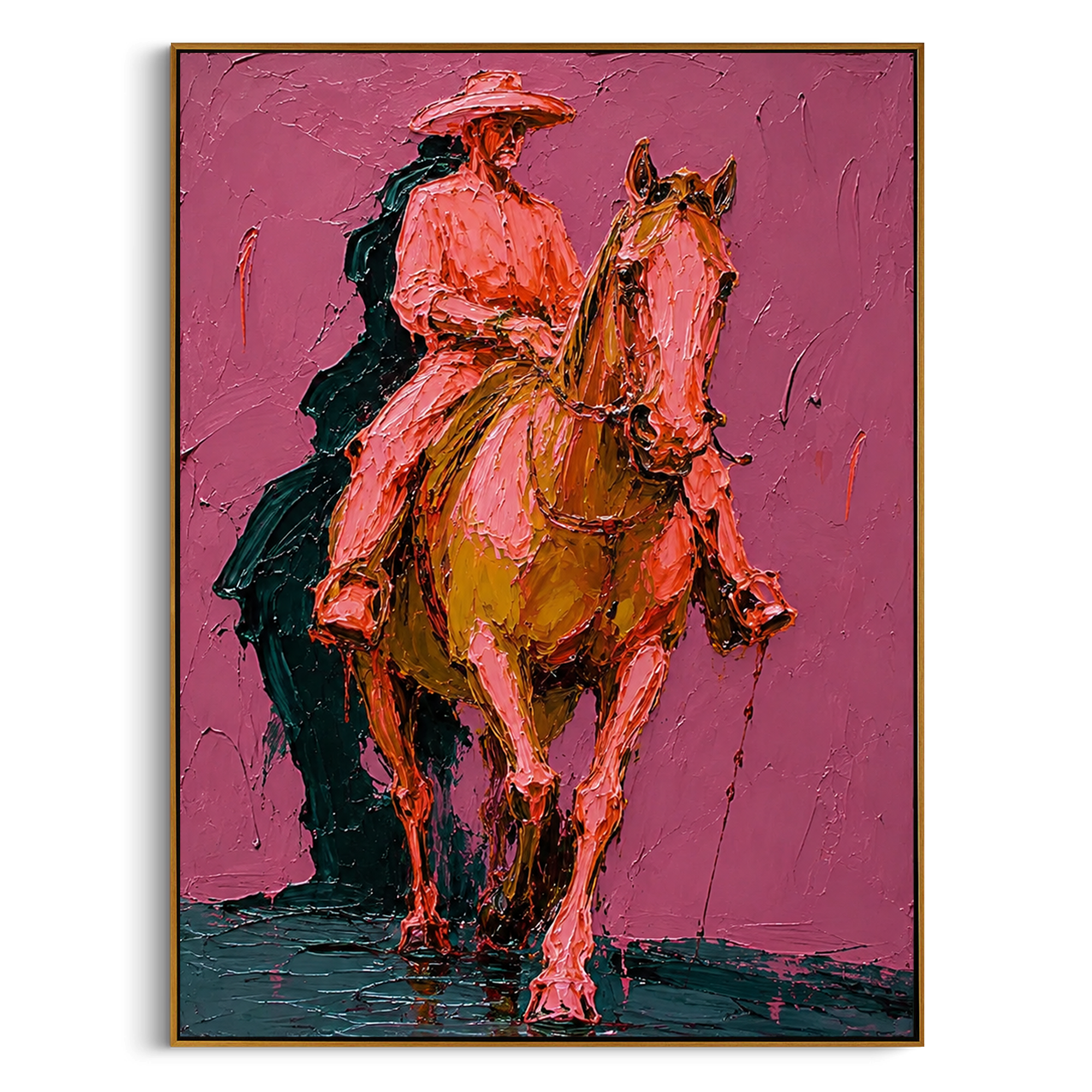 "Pink Western Rider Horse Painting" focuses on atmosphere, surface movement, and sculptural heavy impasto craftsmanship rather than a fixed literal storyline. The composition uses this hand-painted vertical canvas shows a western rider on a chestnut horse moving toward the viewer against a muted pink plaster background as the visual anchor, while layered palette-knife paint, raised plaster-like texture, and softened brush movement create tactile depth across the canvas. Curated with a balanced