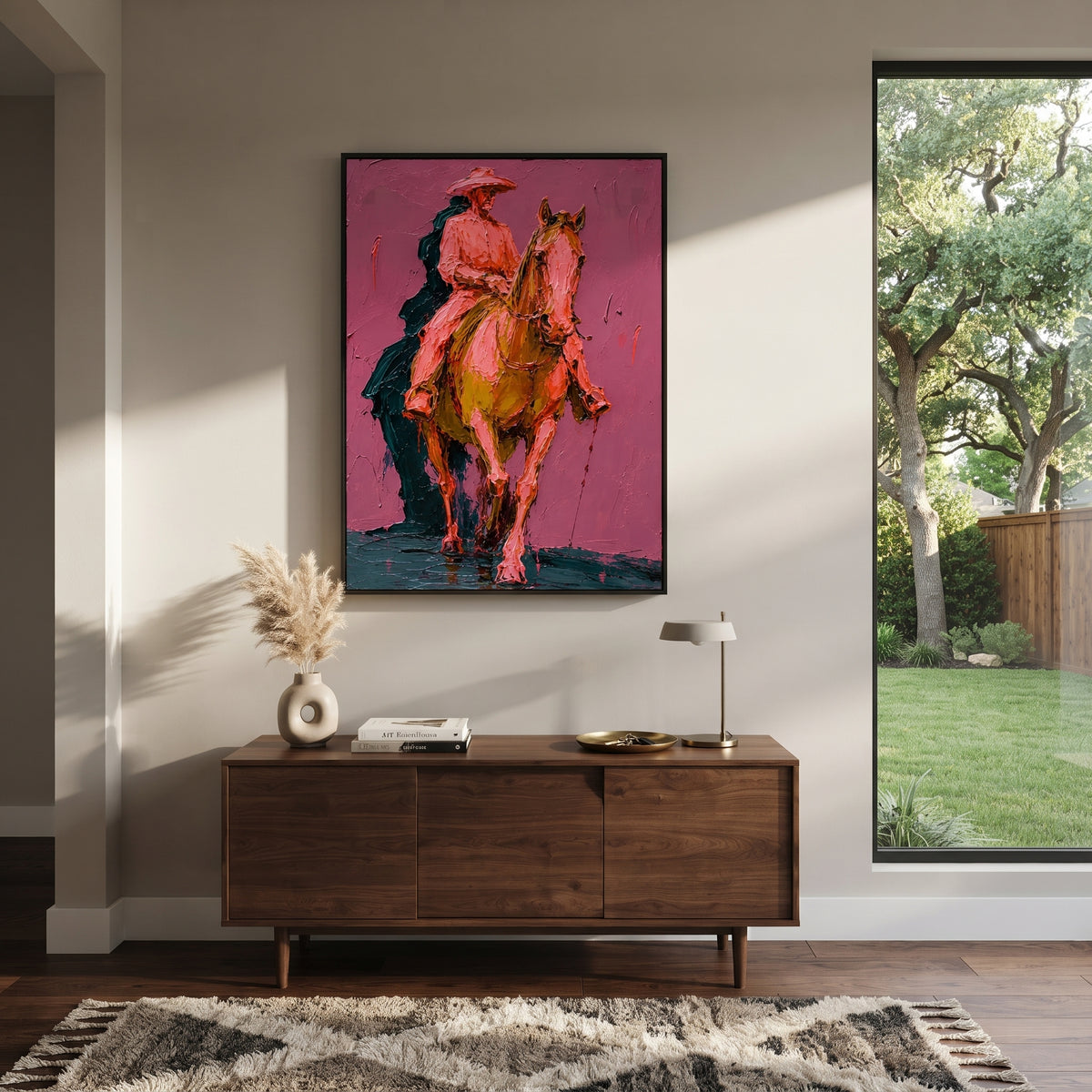 "Pink Western Rider Horse Painting" focuses on atmosphere, surface movement, and sculptural heavy impasto craftsmanship rather than a fixed literal storyline. The composition uses this hand-painted vertical canvas shows a western rider on a chestnut horse moving toward the viewer against a muted pink plaster background as the visual anchor, while layered palette-knife paint, raised plaster-like texture, and softened brush movement create tactile depth across the canvas. Curated with a balanced