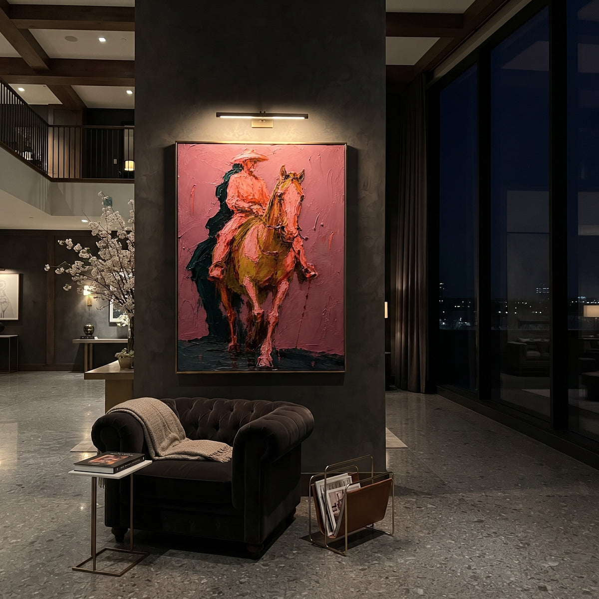 "Pink Western Rider Horse Painting" focuses on atmosphere, surface movement, and sculptural heavy impasto craftsmanship rather than a fixed literal storyline. The composition uses this hand-painted vertical canvas shows a western rider on a chestnut horse moving toward the viewer against a muted pink plaster background as the visual anchor, while layered palette-knife paint, raised plaster-like texture, and softened brush movement create tactile depth across the canvas. Curated with a balanced