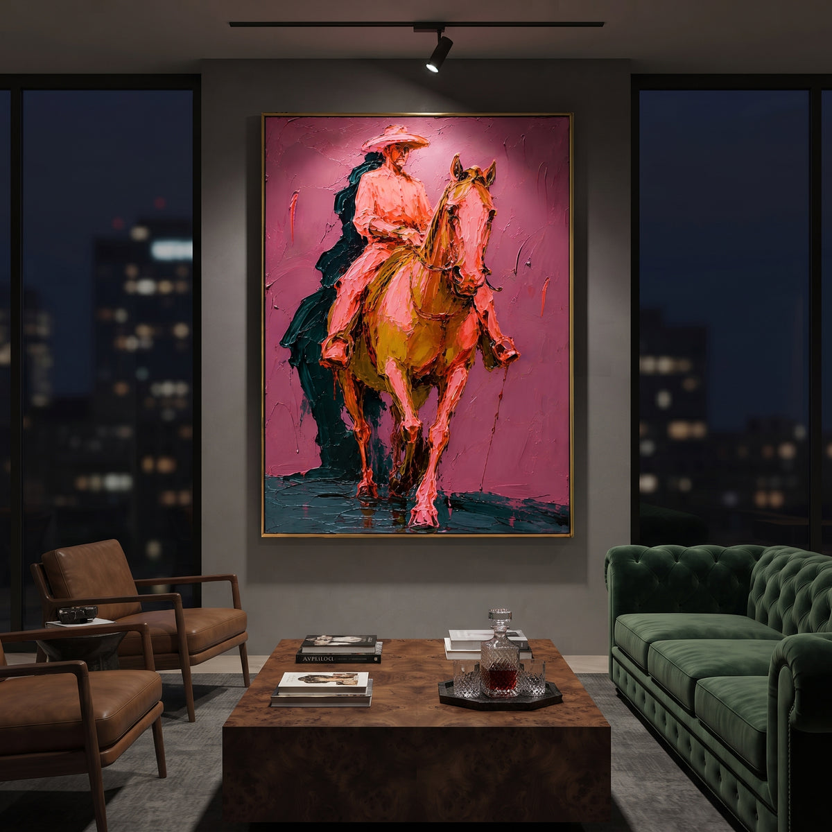 "Pink Western Rider Horse Painting" focuses on atmosphere, surface movement, and sculptural heavy impasto craftsmanship rather than a fixed literal storyline. The composition uses this hand-painted vertical canvas shows a western rider on a chestnut horse moving toward the viewer against a muted pink plaster background as the visual anchor, while layered palette-knife paint, raised plaster-like texture, and softened brush movement create tactile depth across the canvas. Curated with a balanced