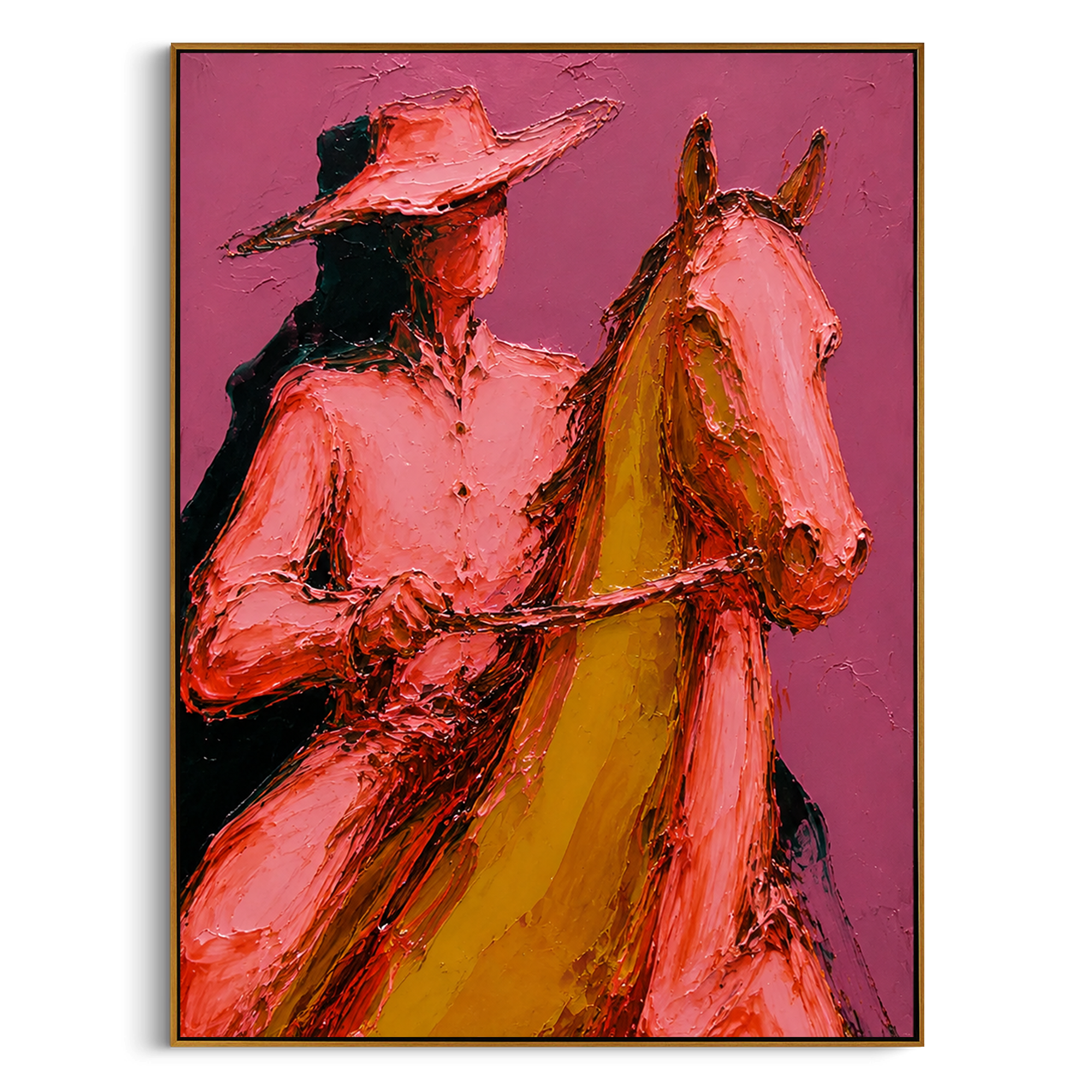 "Close Horse Cowboy Portrait Painting" focuses on atmosphere, surface movement, and sculptural heavy impasto craftsmanship rather than a fixed literal storyline. The composition uses this hand-painted vertical canvas presents a close view of a cowboy and horse, with the rider's pink shirt and wide hat pressed beside the horse's golden brown head as the visual anchor, while layered palette-knife paint, raised plaster-like texture, and softened brush movement create tactile depth across the