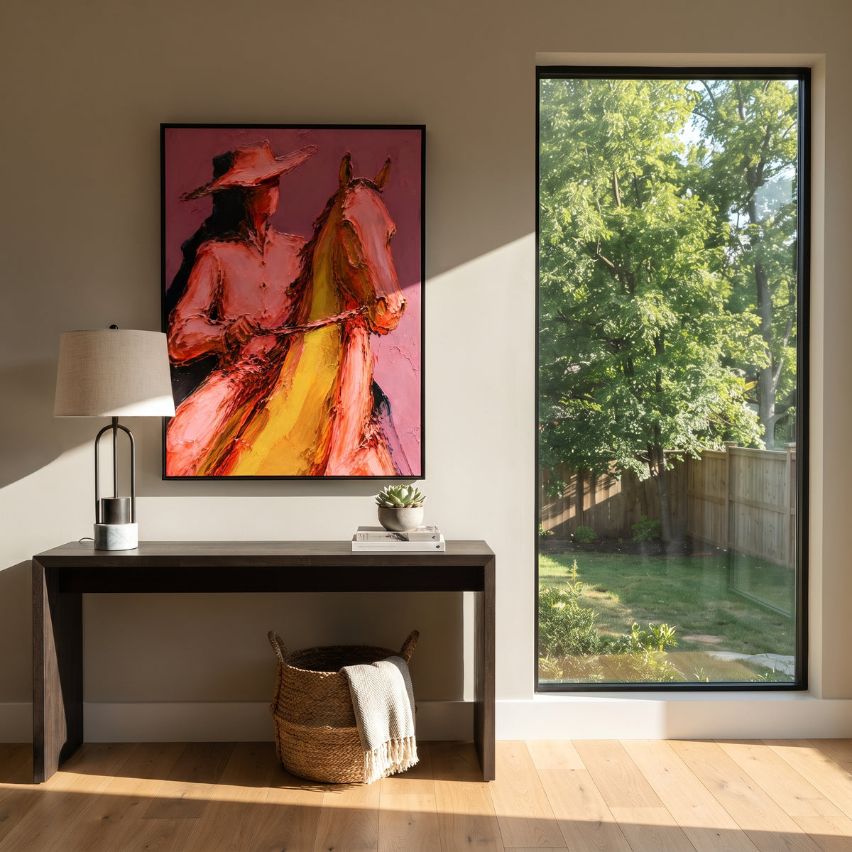"Close Horse Cowboy Portrait Painting" focuses on atmosphere, surface movement, and sculptural heavy impasto craftsmanship rather than a fixed literal storyline. The composition uses this hand-painted vertical canvas presents a close view of a cowboy and horse, with the rider's pink shirt and wide hat pressed beside the horse's golden brown head as the visual anchor, while layered palette-knife paint, raised plaster-like texture, and softened brush movement create tactile depth across the