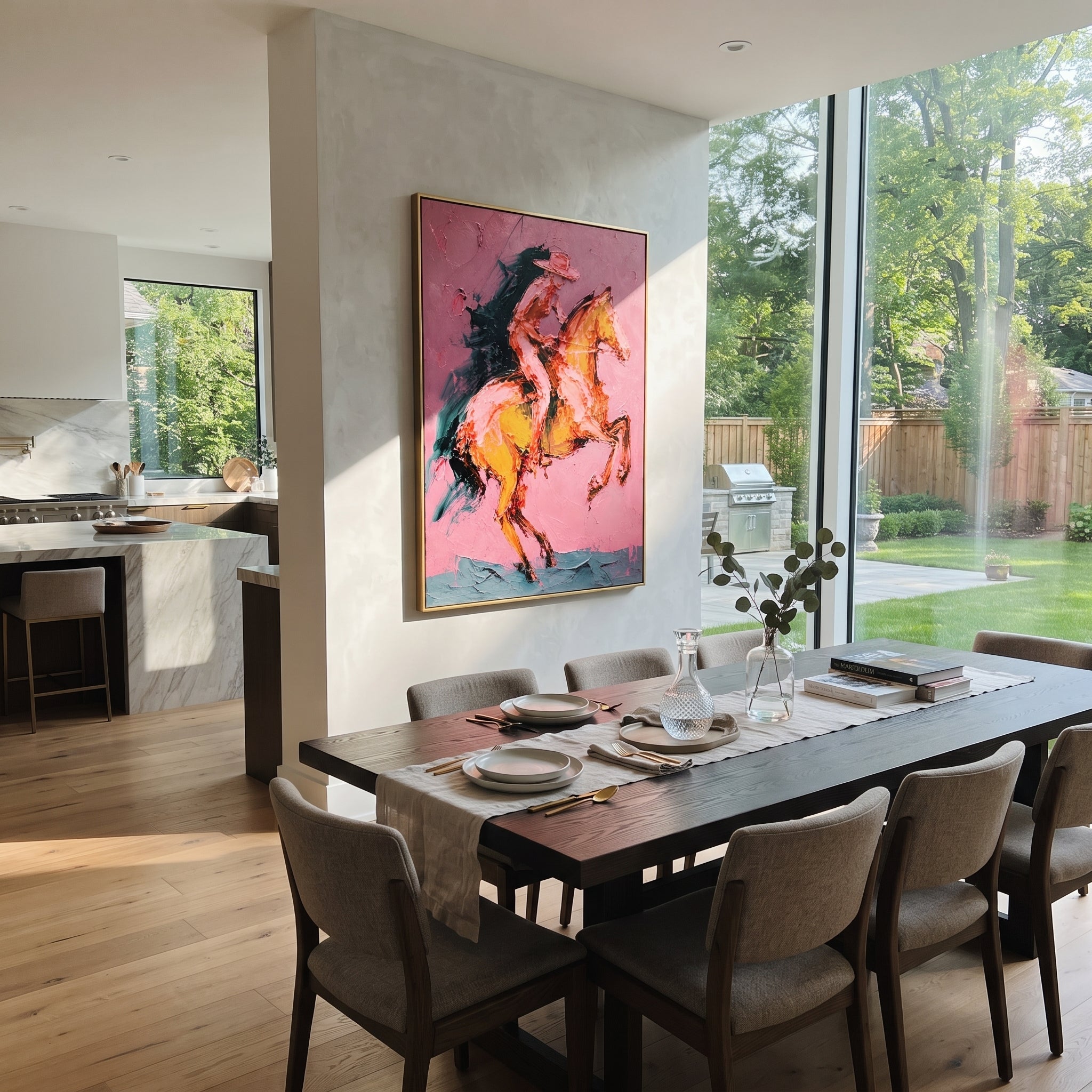 "Rearing Pink Cowboy Horse Painting" focuses on atmosphere, surface movement, and sculptural heavy impasto craftsmanship rather than a fixed literal storyline. The composition uses this hand-painted vertical canvas captures a cowboy riding a rearing horse on a pink textured ground as the visual anchor, while layered palette-knife paint, raised plaster-like texture, and softened brush movement create tactile depth across the canvas. Curated with a balanced pink, brown, orange palette, the artwork