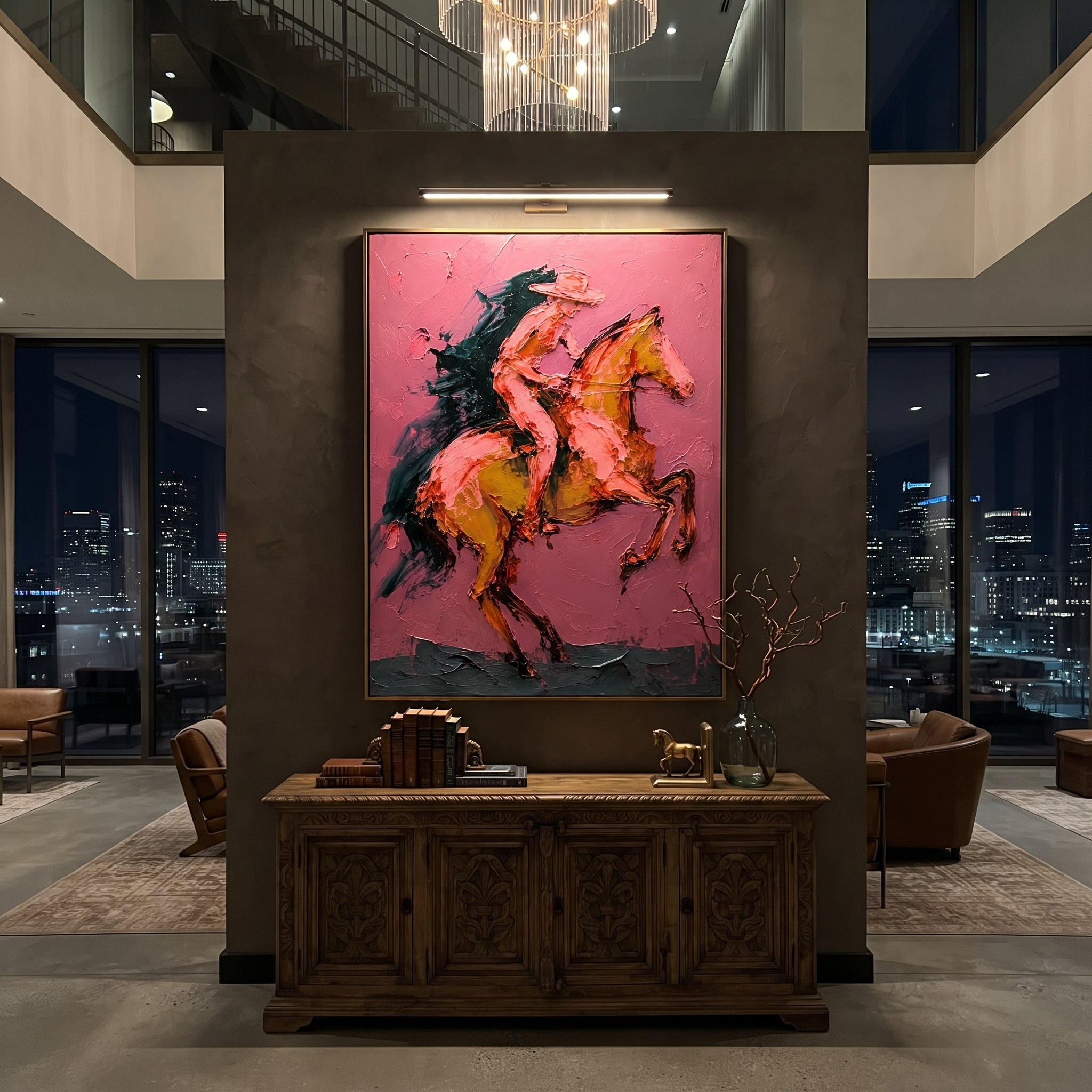 "Rearing Pink Cowboy Horse Painting" focuses on atmosphere, surface movement, and sculptural heavy impasto craftsmanship rather than a fixed literal storyline. The composition uses this hand-painted vertical canvas captures a cowboy riding a rearing horse on a pink textured ground as the visual anchor, while layered palette-knife paint, raised plaster-like texture, and softened brush movement create tactile depth across the canvas. Curated with a balanced pink, brown, orange palette, the artwork