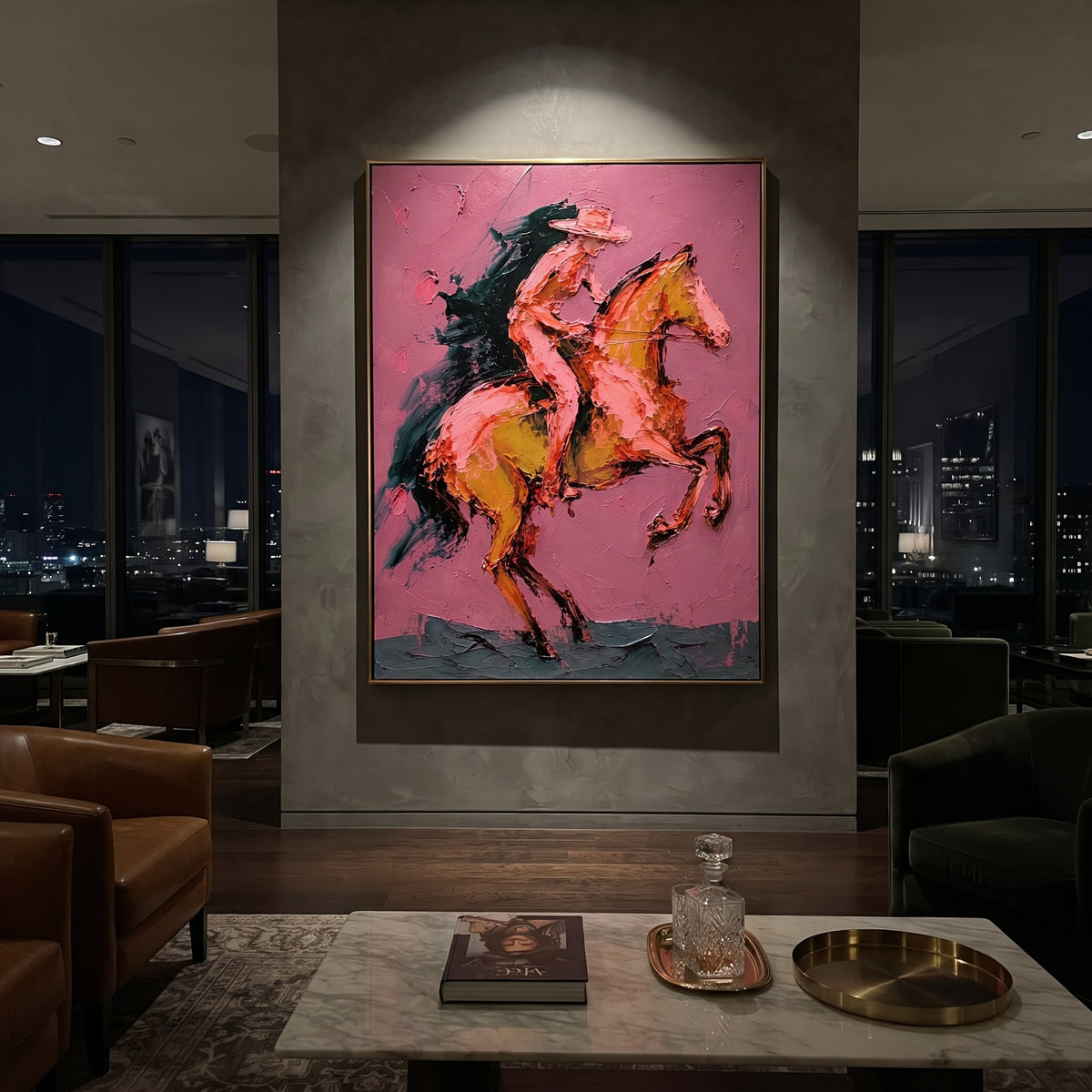 "Rearing Pink Cowboy Horse Painting" focuses on atmosphere, surface movement, and sculptural heavy impasto craftsmanship rather than a fixed literal storyline. The composition uses this hand-painted vertical canvas captures a cowboy riding a rearing horse on a pink textured ground as the visual anchor, while layered palette-knife paint, raised plaster-like texture, and softened brush movement create tactile depth across the canvas. Curated with a balanced pink, brown, orange palette, the artwork