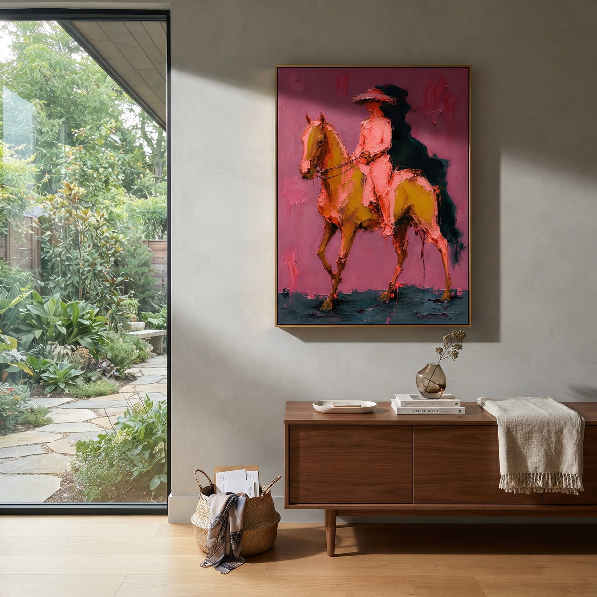 "Side Riding Cowboy Horse Painting" focuses on atmosphere, surface movement, and sculptural heavy impasto craftsmanship rather than a fixed literal storyline. The composition uses this hand-painted vertical canvas shows a cowboy riding in profile on a golden brown horse across a rose pink background as the visual anchor, while layered palette-knife paint, raised plaster-like texture, and softened brush movement create tactile depth across the canvas. Curated with a balanced pink, brown, green