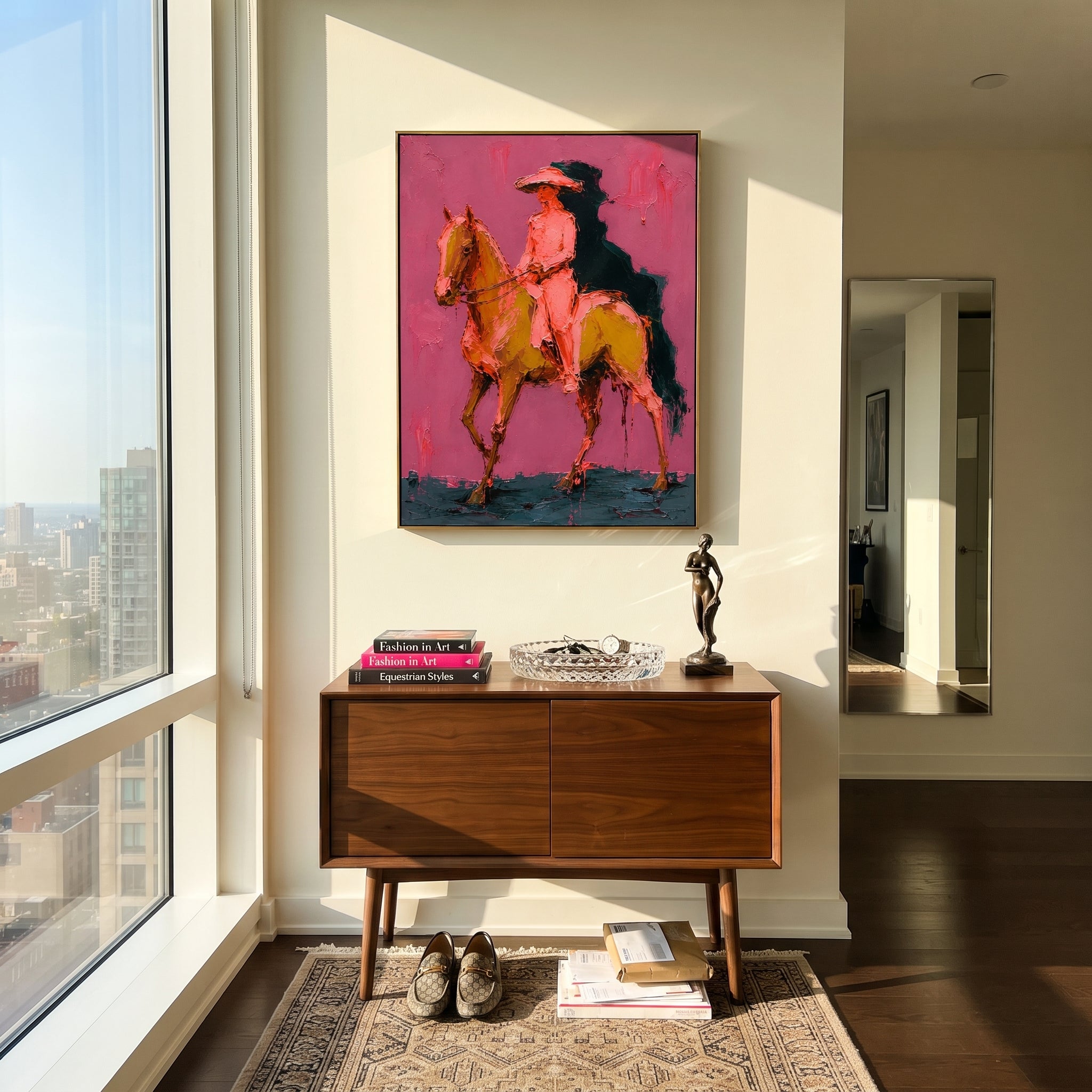 "Side Riding Cowboy Horse Painting" focuses on atmosphere, surface movement, and sculptural heavy impasto craftsmanship rather than a fixed literal storyline. The composition uses this hand-painted vertical canvas shows a cowboy riding in profile on a golden brown horse across a rose pink background as the visual anchor, while layered palette-knife paint, raised plaster-like texture, and softened brush movement create tactile depth across the canvas. Curated with a balanced pink, brown, green