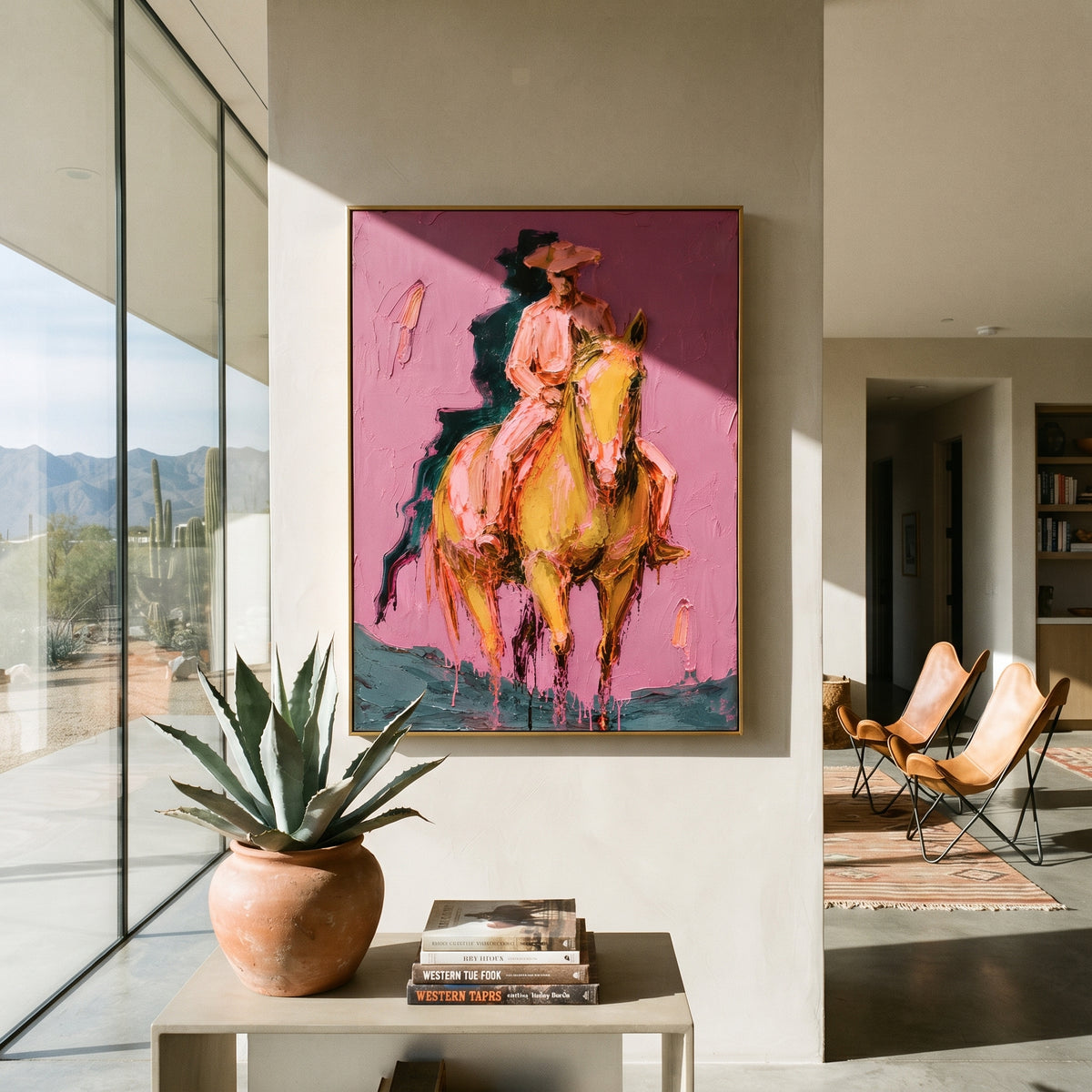 "Front Riding Pink Horse Painting" focuses on atmosphere, surface movement, and sculptural heavy impasto craftsmanship rather than a fixed literal storyline. The composition uses this hand-painted vertical canvas features a cowboy riding a golden brown horse toward the viewer, set against a textured pink wall with dark teal shadow strokes as the visual anchor, while layered palette-knife paint, raised plaster-like texture, and softened brush movement create tactile depth across the canvas.