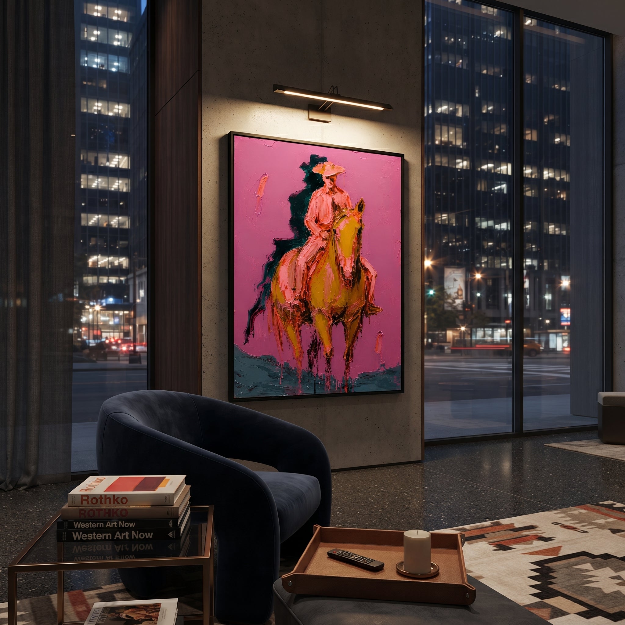 "Front Riding Pink Horse Painting" focuses on atmosphere, surface movement, and sculptural heavy impasto craftsmanship rather than a fixed literal storyline. The composition uses this hand-painted vertical canvas features a cowboy riding a golden brown horse toward the viewer, set against a textured pink wall with dark teal shadow strokes as the visual anchor, while layered palette-knife paint, raised plaster-like texture, and softened brush movement create tactile depth across the canvas.