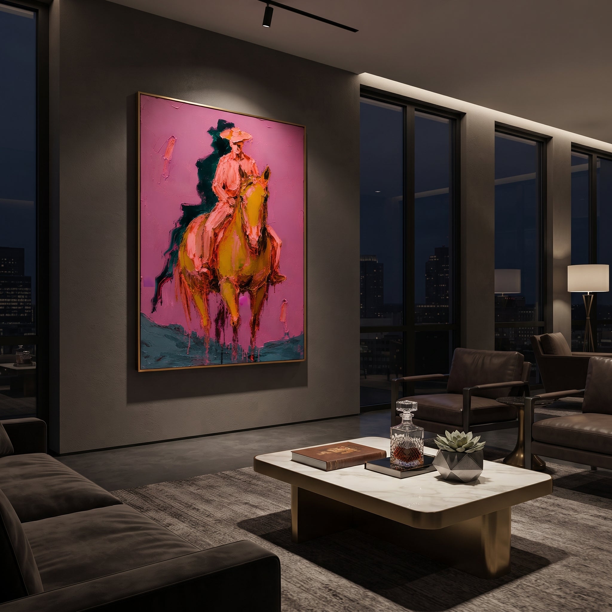 "Front Riding Pink Horse Painting" focuses on atmosphere, surface movement, and sculptural heavy impasto craftsmanship rather than a fixed literal storyline. The composition uses this hand-painted vertical canvas features a cowboy riding a golden brown horse toward the viewer, set against a textured pink wall with dark teal shadow strokes as the visual anchor, while layered palette-knife paint, raised plaster-like texture, and softened brush movement create tactile depth across the canvas.