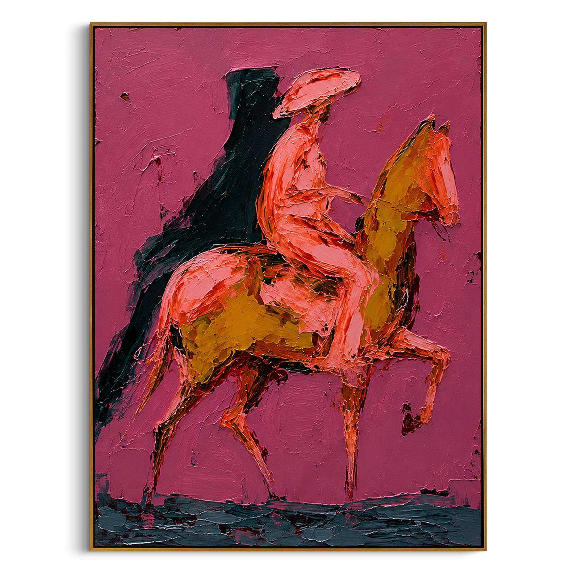 "Side Profile Pink Rider Painting" focuses on atmosphere, surface movement, and sculptural heavy impasto craftsmanship rather than a fixed literal storyline. The composition uses this hand-painted vertical canvas shows a side-profile cowboy riding a golden brown horse on a deep pink textured ground as the visual anchor, while layered palette-knife paint, raised plaster-like texture, and softened brush movement create tactile depth across the canvas. Curated with a balanced pink, brown, green