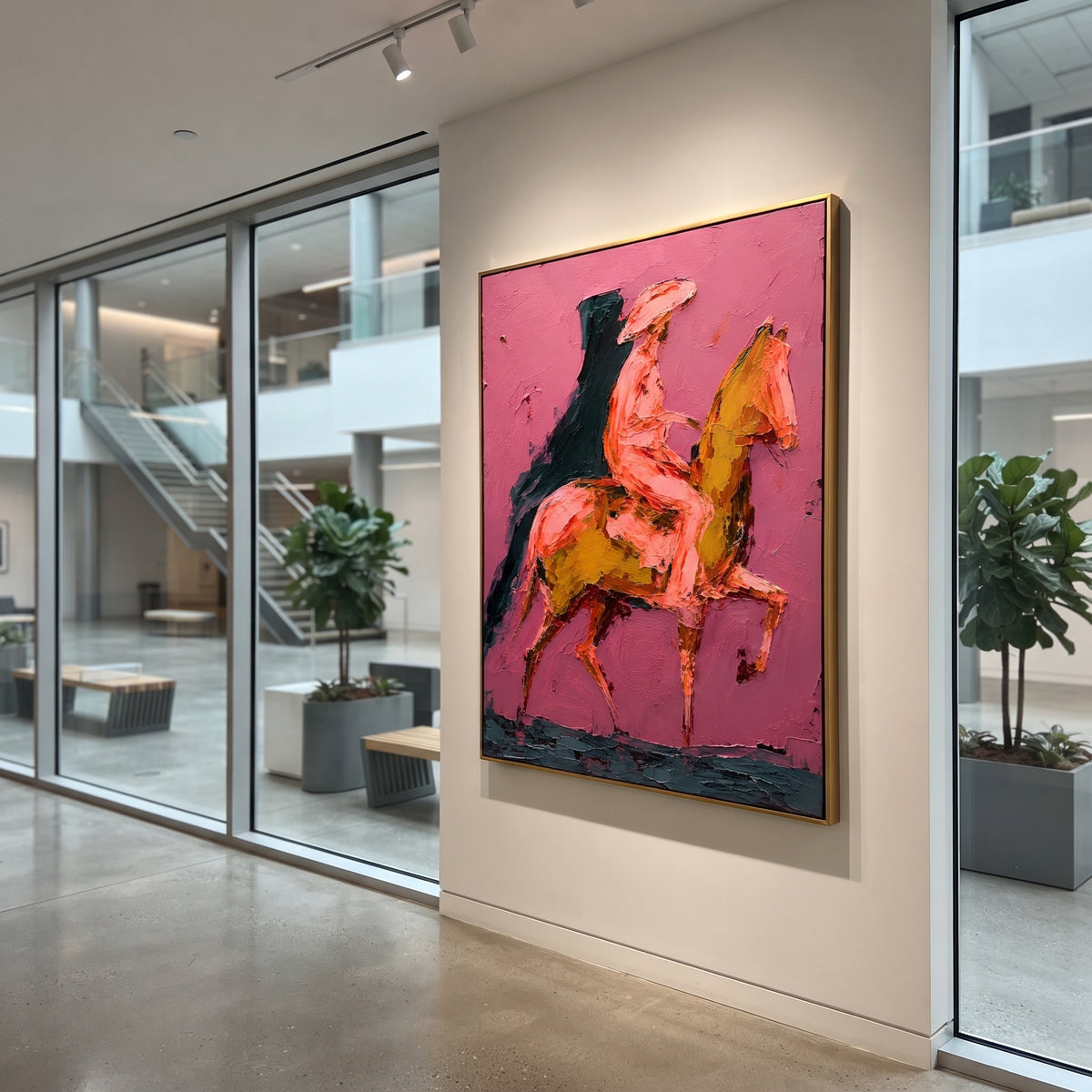 "Side Profile Pink Rider Painting" focuses on atmosphere, surface movement, and sculptural heavy impasto craftsmanship rather than a fixed literal storyline. The composition uses this hand-painted vertical canvas shows a side-profile cowboy riding a golden brown horse on a deep pink textured ground as the visual anchor, while layered palette-knife paint, raised plaster-like texture, and softened brush movement create tactile depth across the canvas. Curated with a balanced pink, brown, green