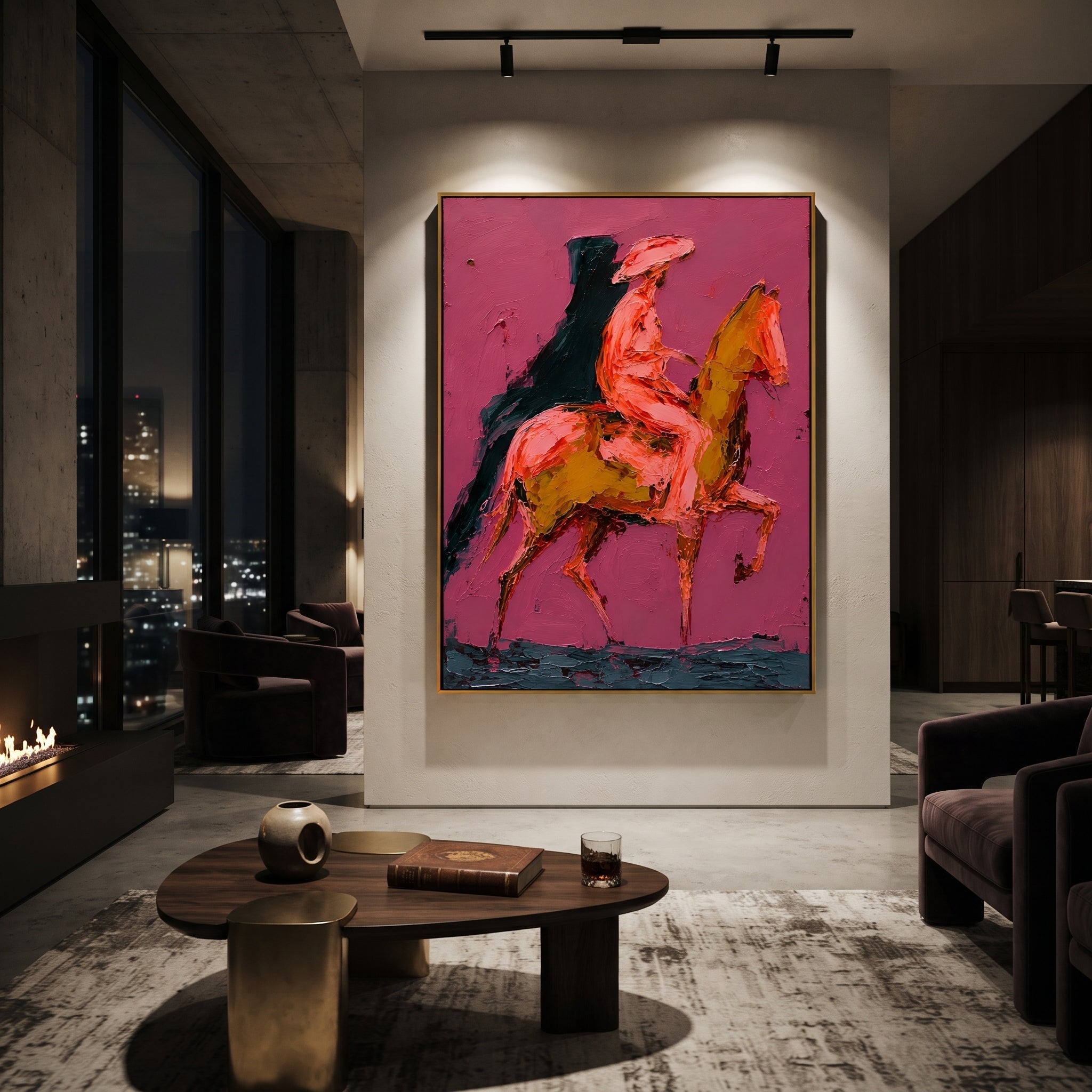"Side Profile Pink Rider Painting" focuses on atmosphere, surface movement, and sculptural heavy impasto craftsmanship rather than a fixed literal storyline. The composition uses this hand-painted vertical canvas shows a side-profile cowboy riding a golden brown horse on a deep pink textured ground as the visual anchor, while layered palette-knife paint, raised plaster-like texture, and softened brush movement create tactile depth across the canvas. Curated with a balanced pink, brown, green